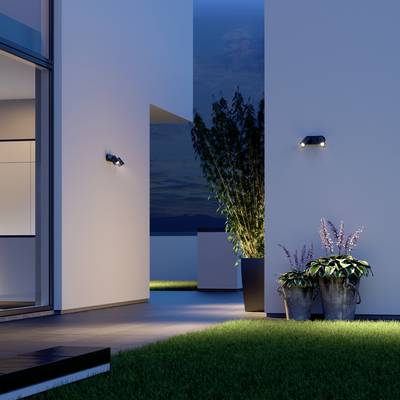Moderne Terrasse bei Dämmerung mit Beleuchtung an der Wand, einem Pflanztopf und grünem Rasen, im Hintergrund ein dunkler Himmel.
