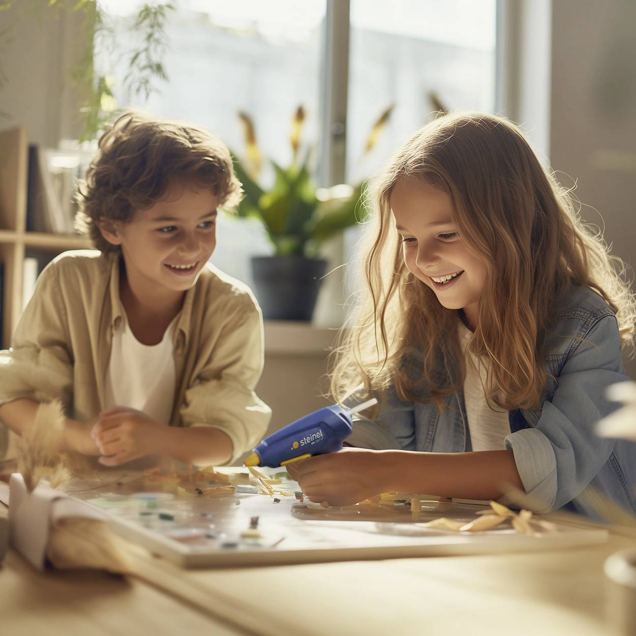 Zwei Kinder, ein Junge und ein Mädchen, basteln und lachen gemeinsam an einem Tisch. Tageslicht strömt durch ein Fenster im Hintergrund.