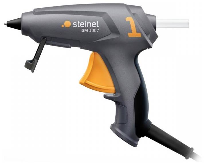 Klebstoffpistole von Steinel, Modell GM 1007, grau mit orangen Akzenten, Abzug und Kabel, Nummer '1' aufgedruckt, seitliche Ansicht.