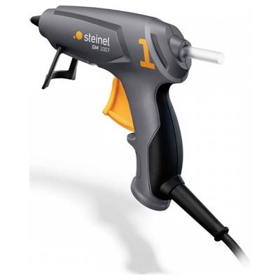 Eine graue Heißklebepistole der Marke 'Steinel GM 1007' mit orangefarbenen Akzenten und Kabel für elektrische Stromversorgung.