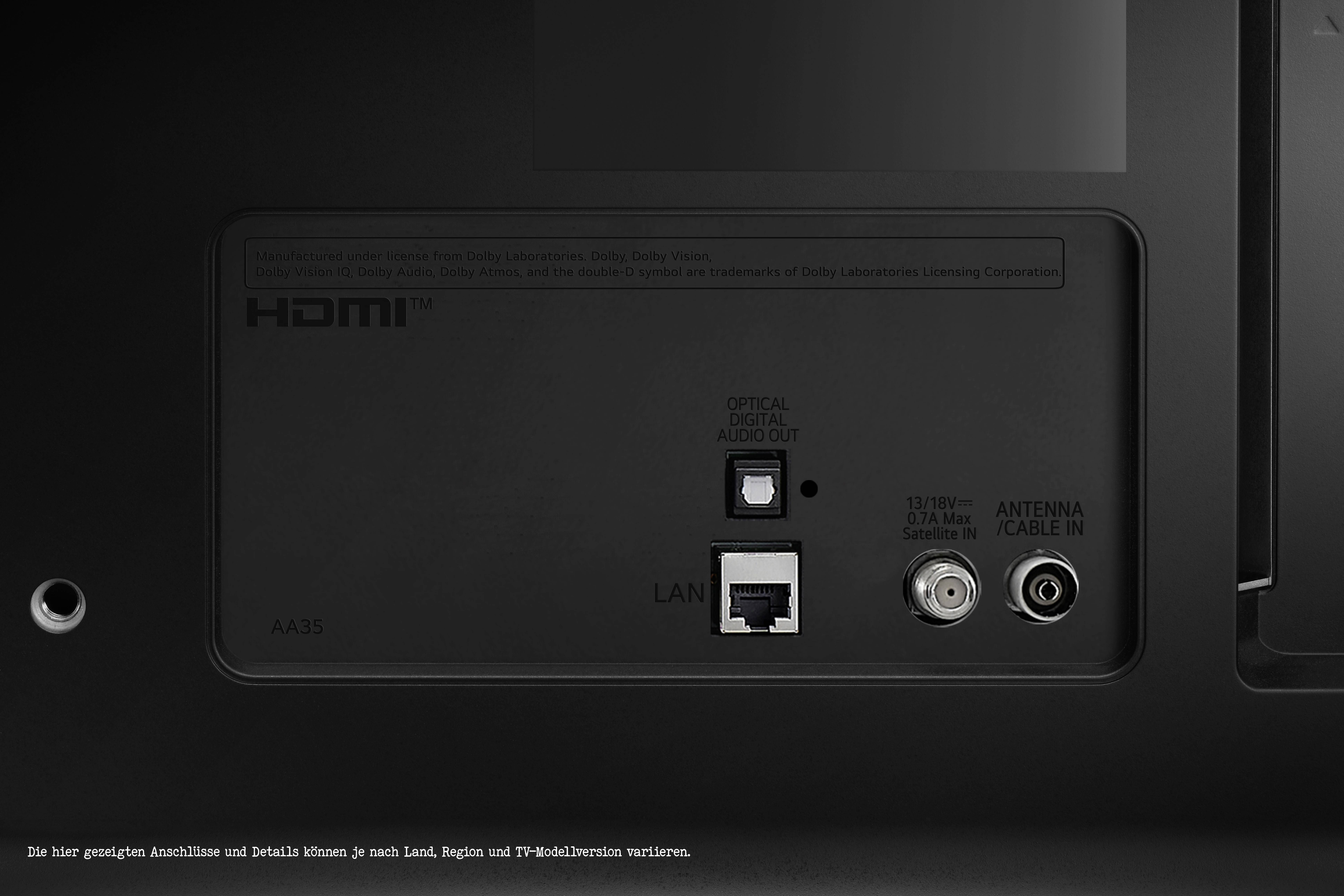 'Rückansicht eines Fernsehers mit HDMI-, LAN-, optischem Audio-, Antennen- und Netzkabelanschluss.'