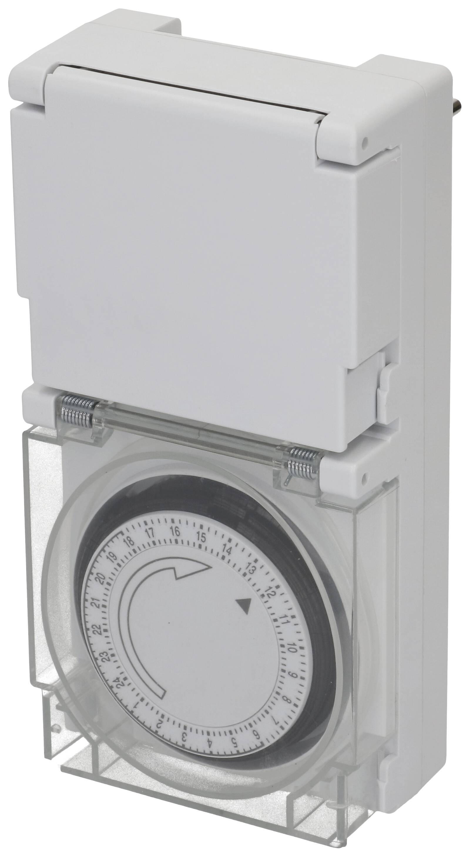 Ein weißer mechanischer Timer mit transparentem Schutzdeckel und Drehzifferblatt zur Einstellung der Zeit.