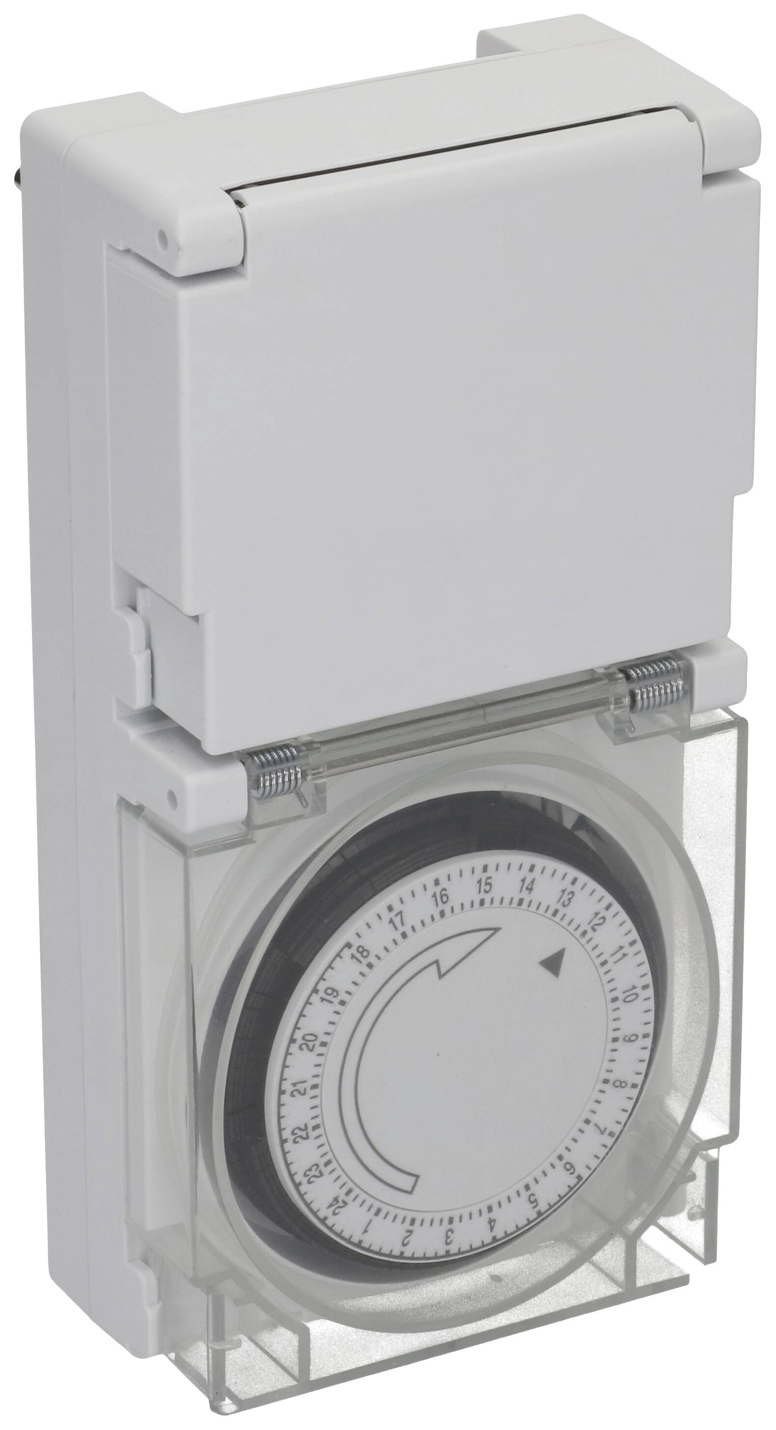Ein mechanischer Zeitschalter mit 24-Stunden-Drehscheibe und durchsichtigem Schutzdeckel, zur Steuerung von elektrischen Geräten.
