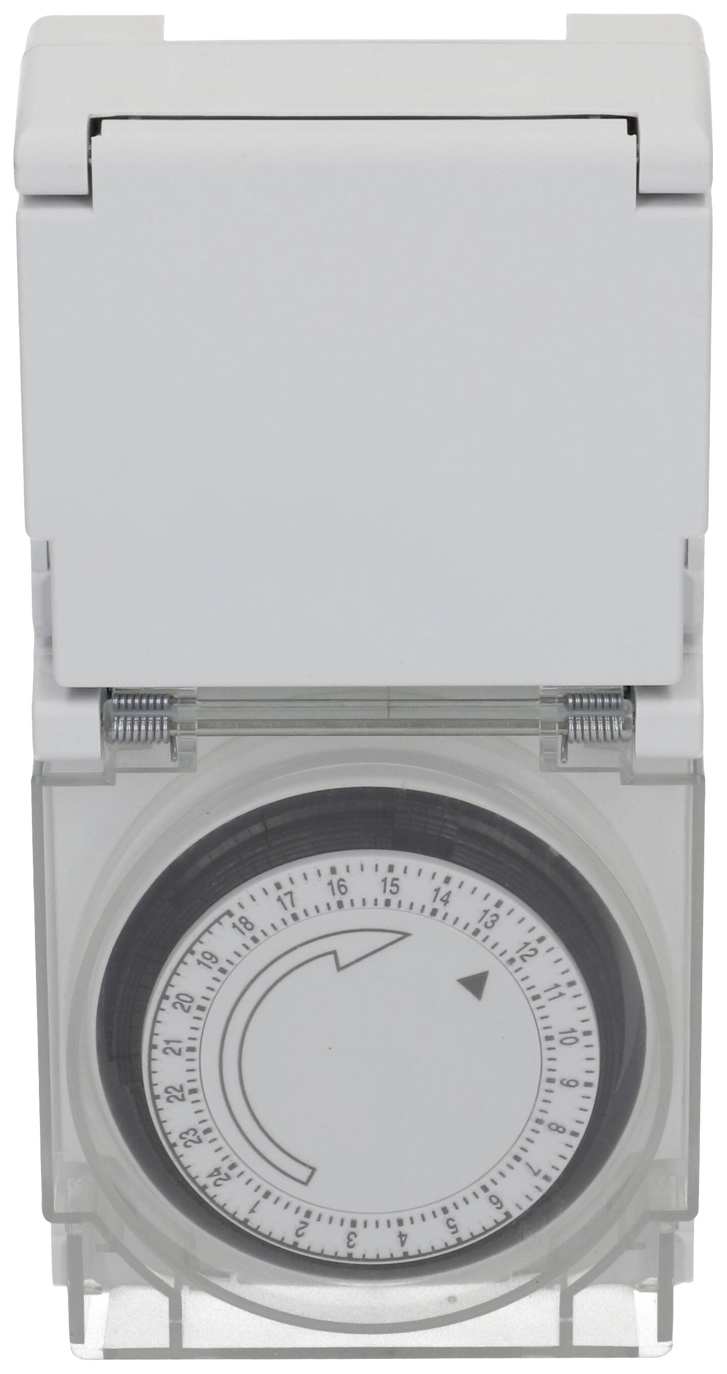 Ein analoger Zeitschaltuhrstecker in weiß mit einstellbarem Drehzifferblatt und Pfeilanzeige.