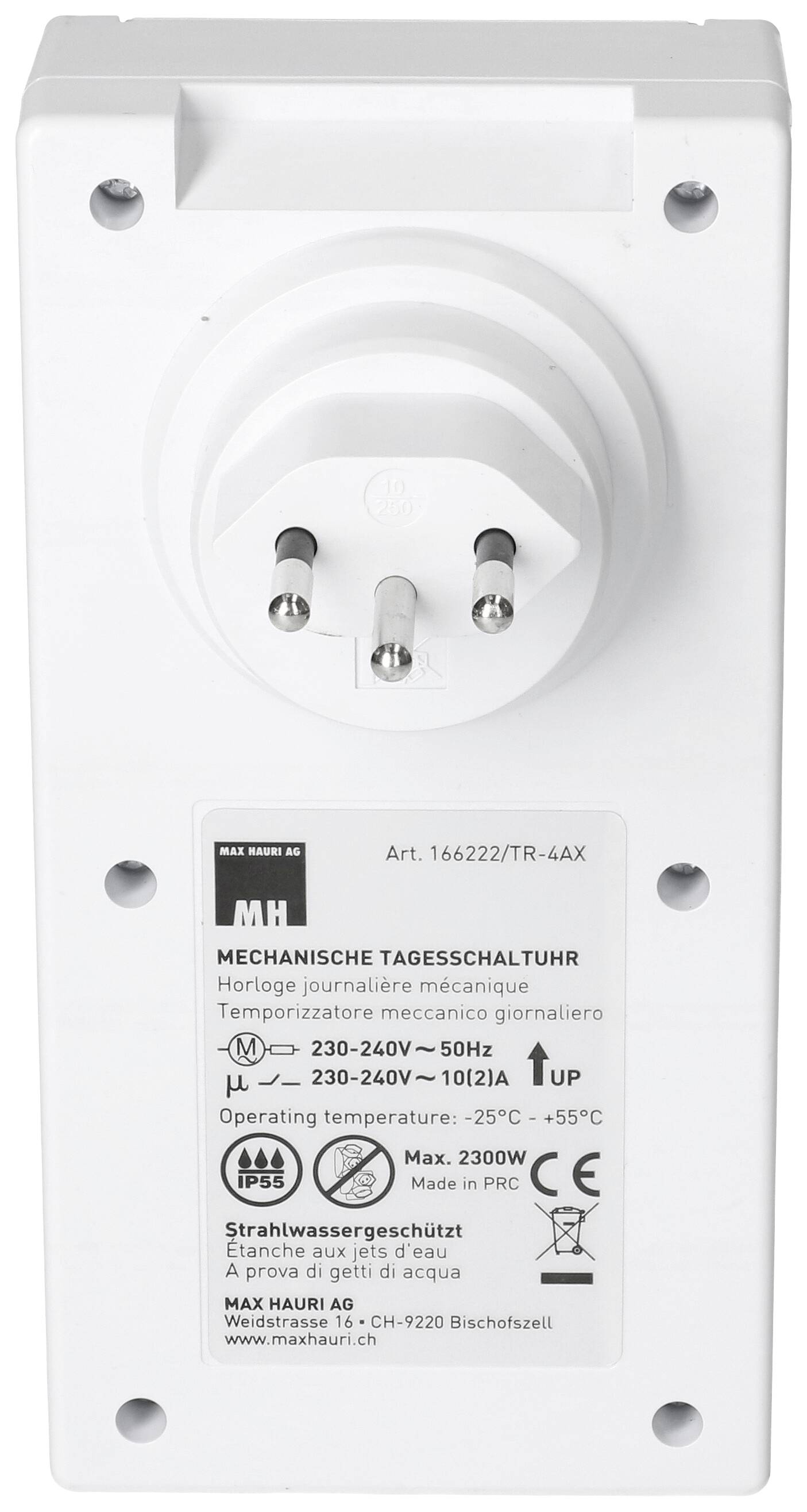 Weiße mechanische Zeitschaltuhr in Steckdosenform mit technischen Spezifikationen in Deutsch und verschiedenen internationalen Symbolen.