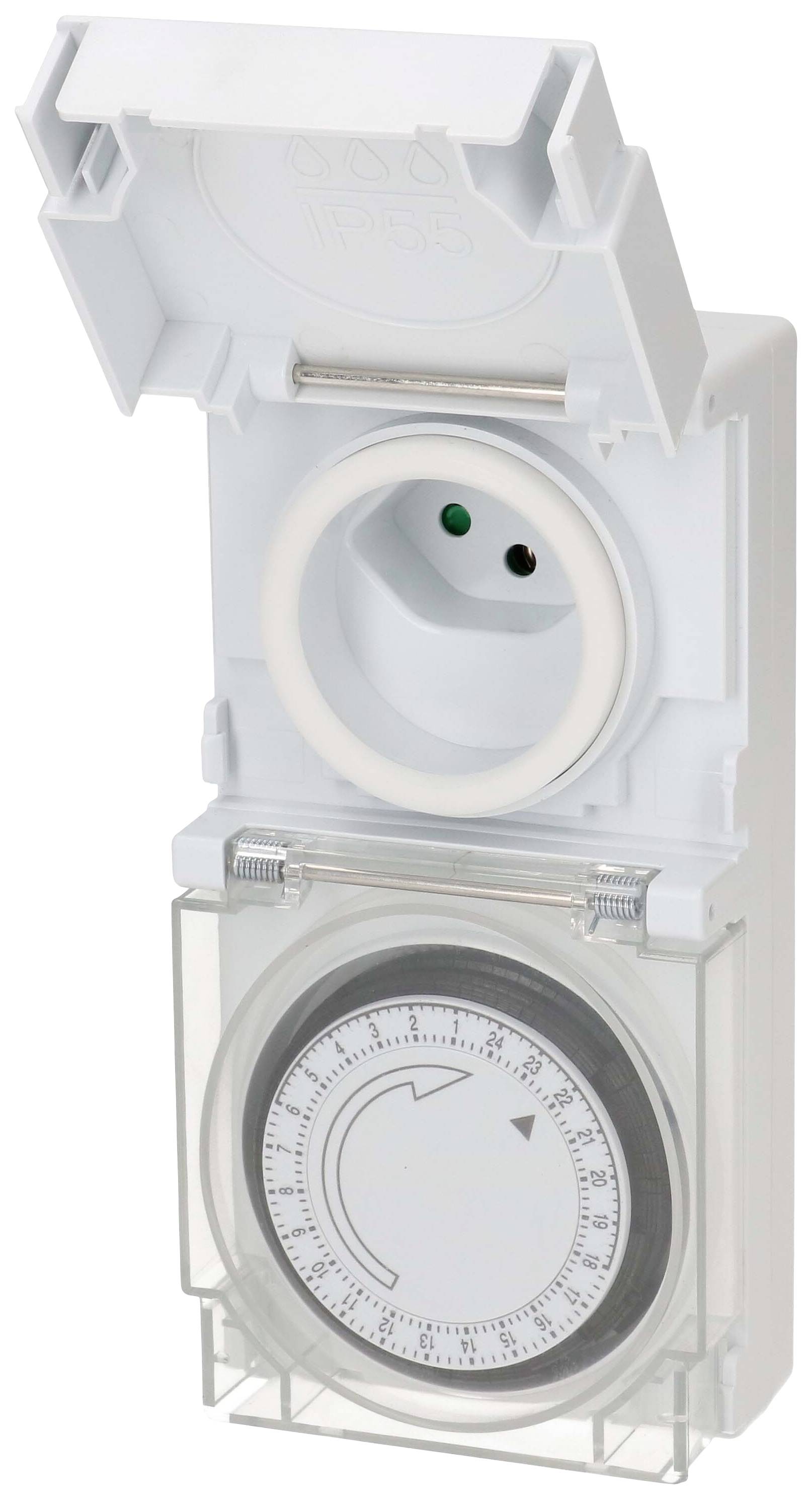 Mechanische Zeitschaltuhr in einem weißen Gehäuse mit Steckdose oben, großen Drehring und Schutzabdeckung.