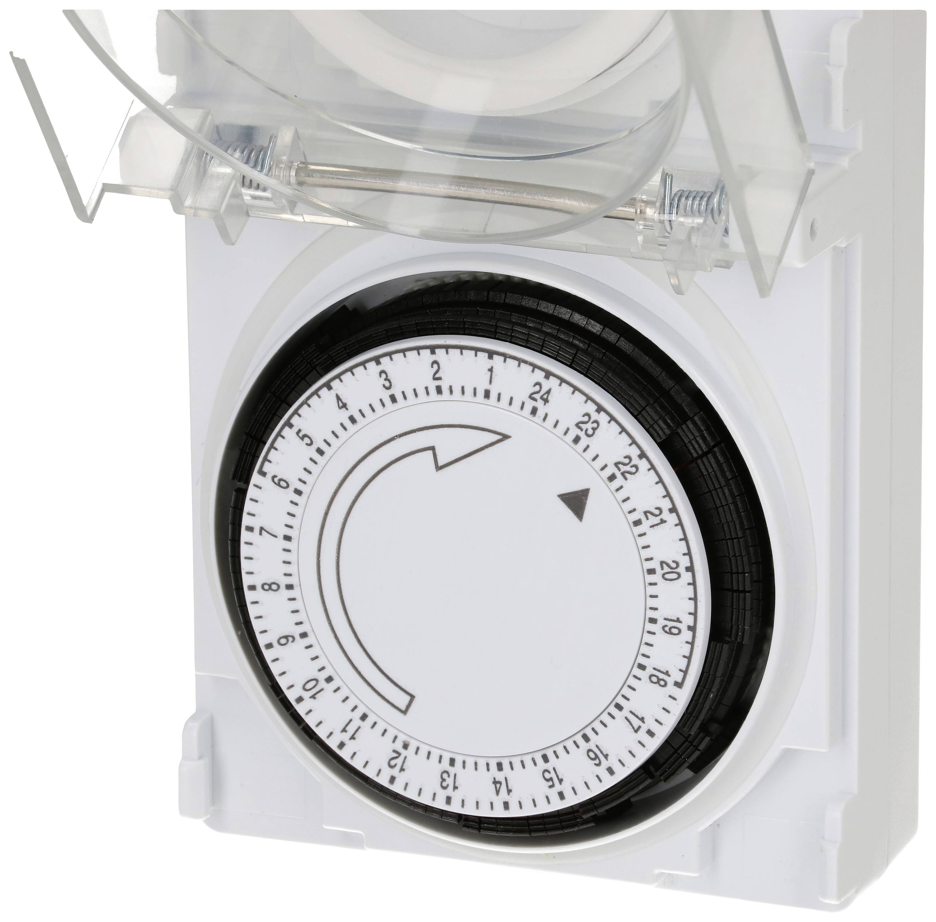 Ein mechanischer 24-Stunden-Zeitschalter mit einem drehbaren Zifferblatt zur Einstellung der Ein- und Ausschaltzeiten.