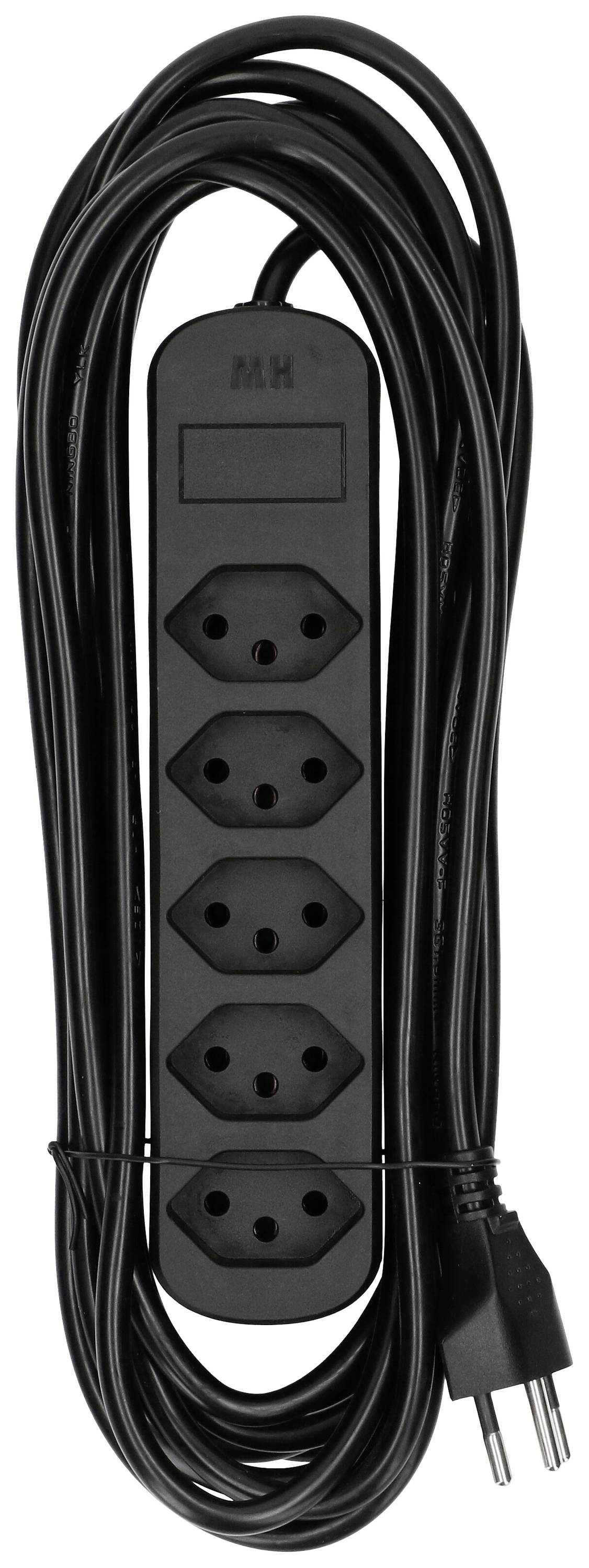 Schwarze Mehrfachsteckdose mit fünf Steckplätzen und langem Kabel, geeignet für den Anschluss mehrerer elektrischer Geräte.