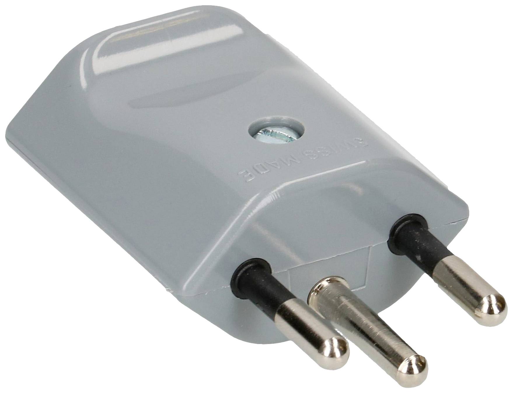 Grauer Ersatzstecker mit drei runden Metallstiften, geeignet für den Anschluss an eine Stromquelle in Italien.