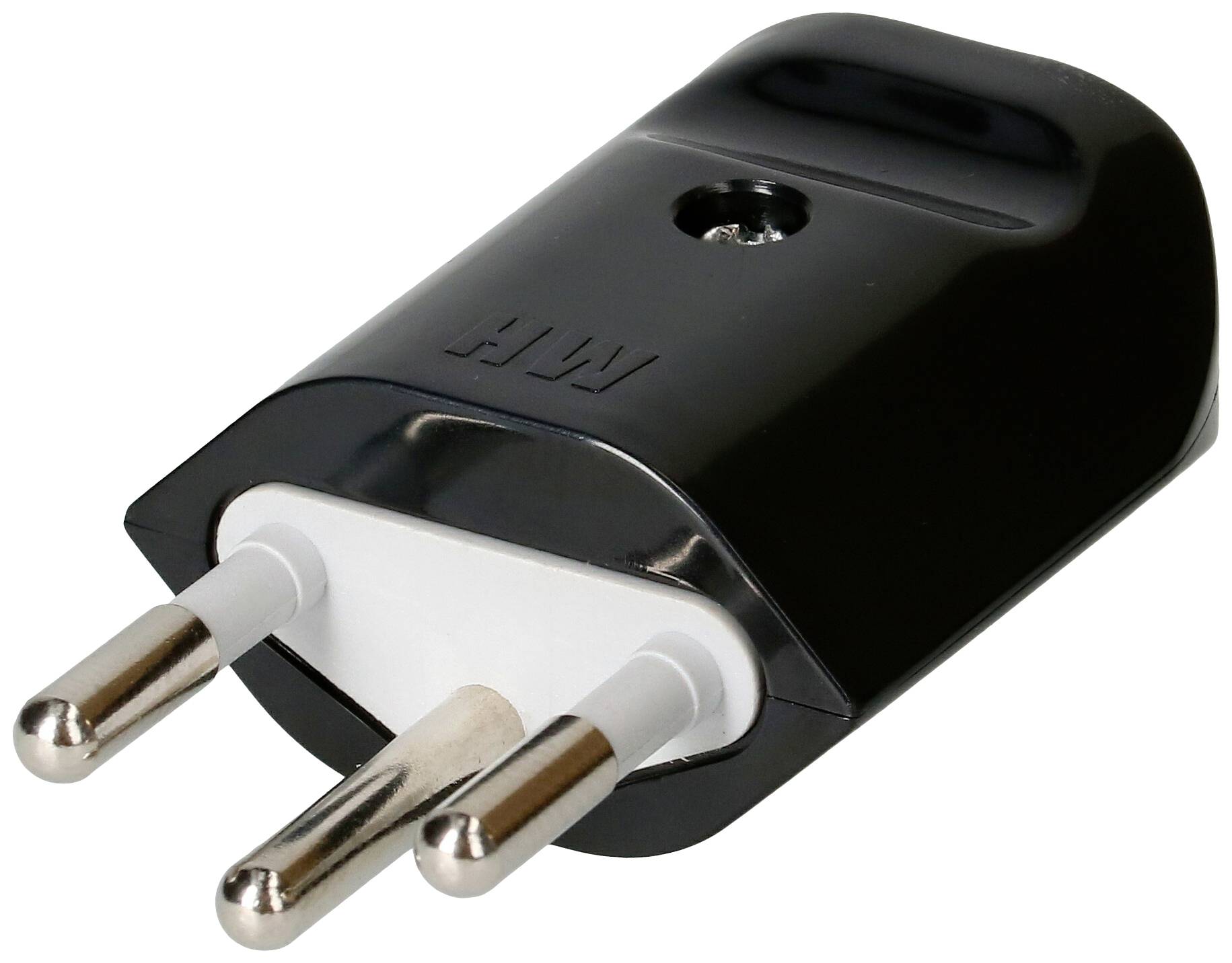 Ein schwarzer Adapter mit drei runden Metallstiften, geeignet für die Verwendung mit Steckdosen, auf einem weißen Hintergrund.