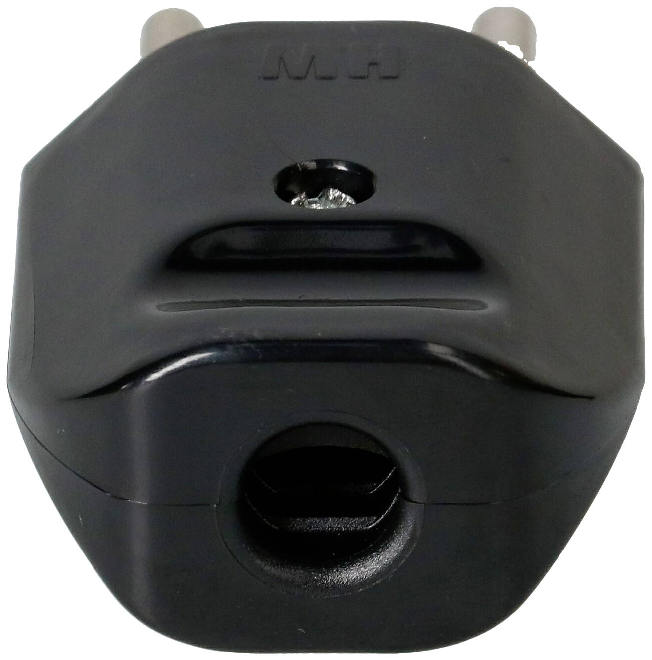 Ein schwarzer Eurostecker-Adapter mit zwei runden Stiften, geeignet für europäische Steckdosen.