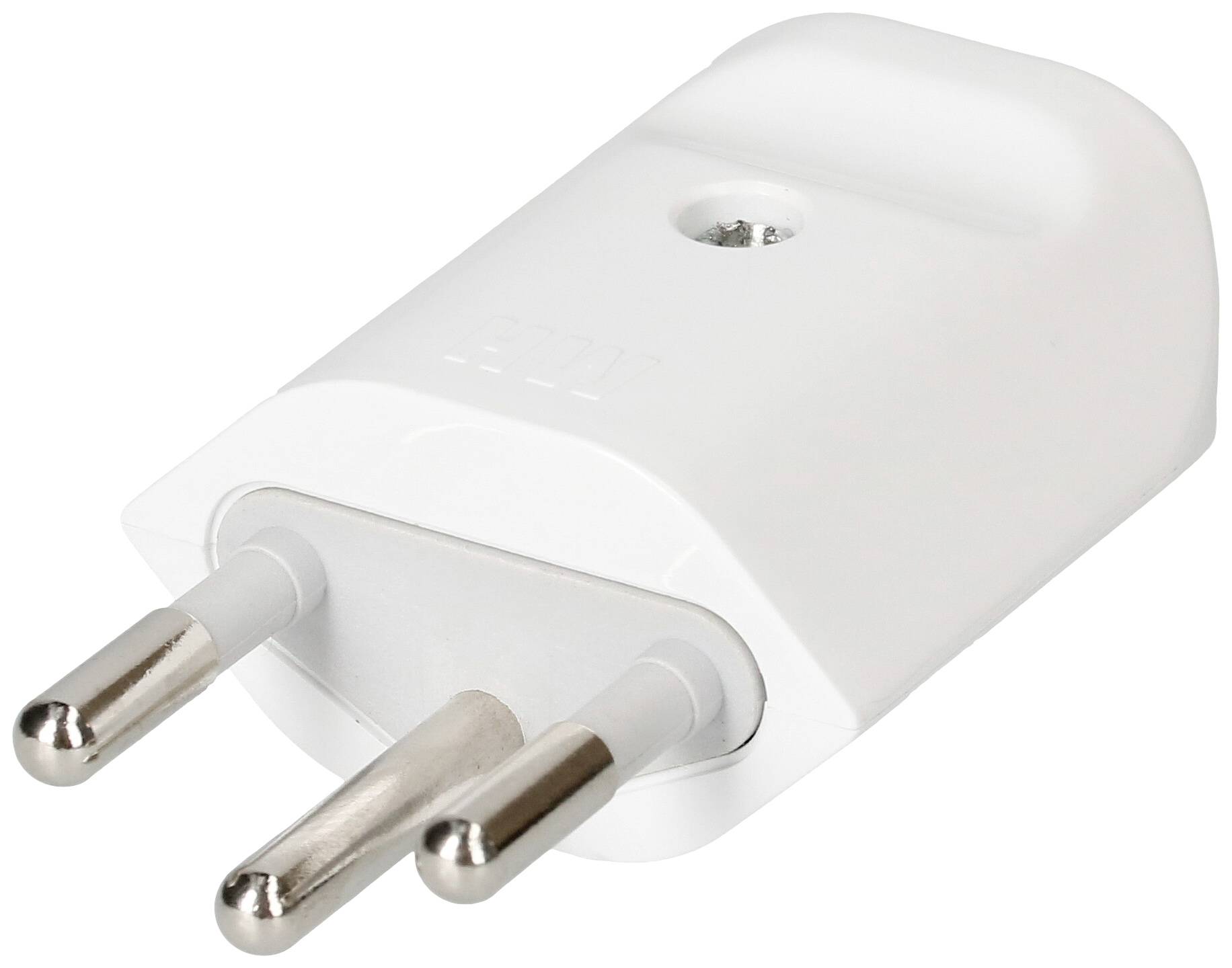 Ein dreipoliger, weißer Stromadapter, der zur Verbindung von Elektrogeräten mit einer Steckdose dient.
