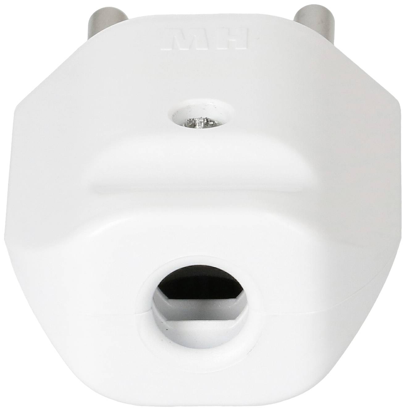 Ein weißer Steckdosenadapter mit zwei Metallstiften für den europäischen Steckdosentyp.