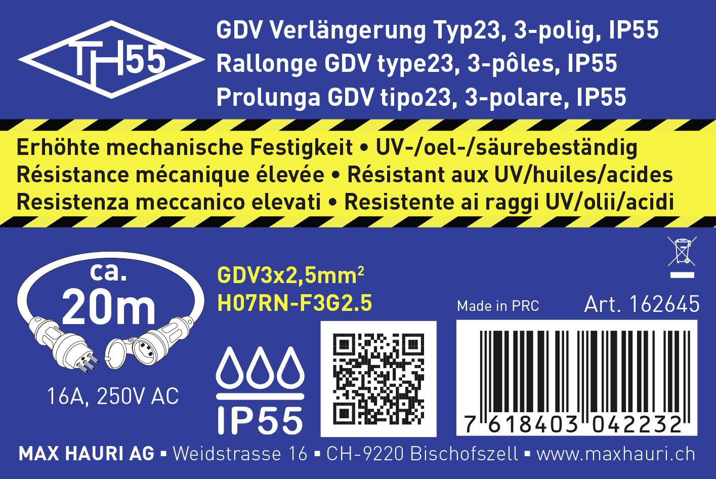 Etikett eines Verlängerungskabels von Max Hauri mit Spezifikationen: 3-polig, IP55, 20m Länge, mechanische Festigkeit, Artikelnummer 162645.