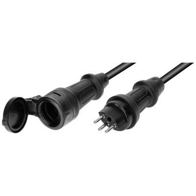 Schwarzer CEE-Stecker mit dazugehöriger Buchse, zeigt Verbindungsmöglichkeiten für industrielle Stromanwendungen.