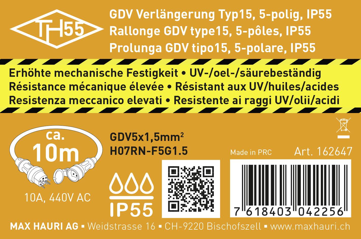 Etikett eines Verlängerungskabels: 5-polig, Typ15, IP55, erweiterte mechanische Festigkeit, resistent gegen UV/Öle/Säuren, Länge ca. 10m, 10A, 440V AC. Herstellerangaben: Max Hauri AG.