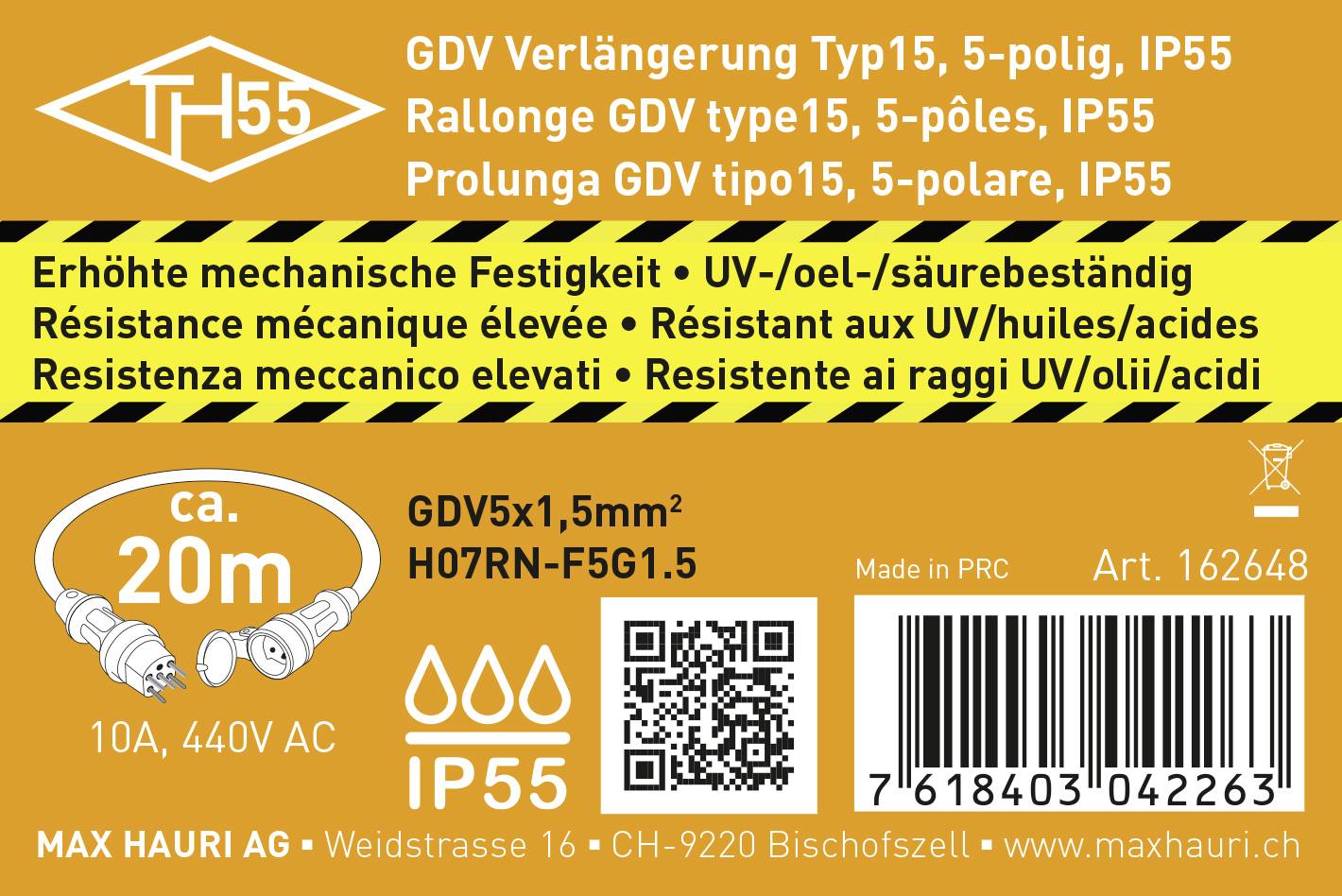 'GDV Verlängerung Typ15, 5-polig, IP55. Erhöhte mechanische Festigkeit, UV-/öl-/säurebeständig. Länge ca. 20m, 10A, 440V AC.'