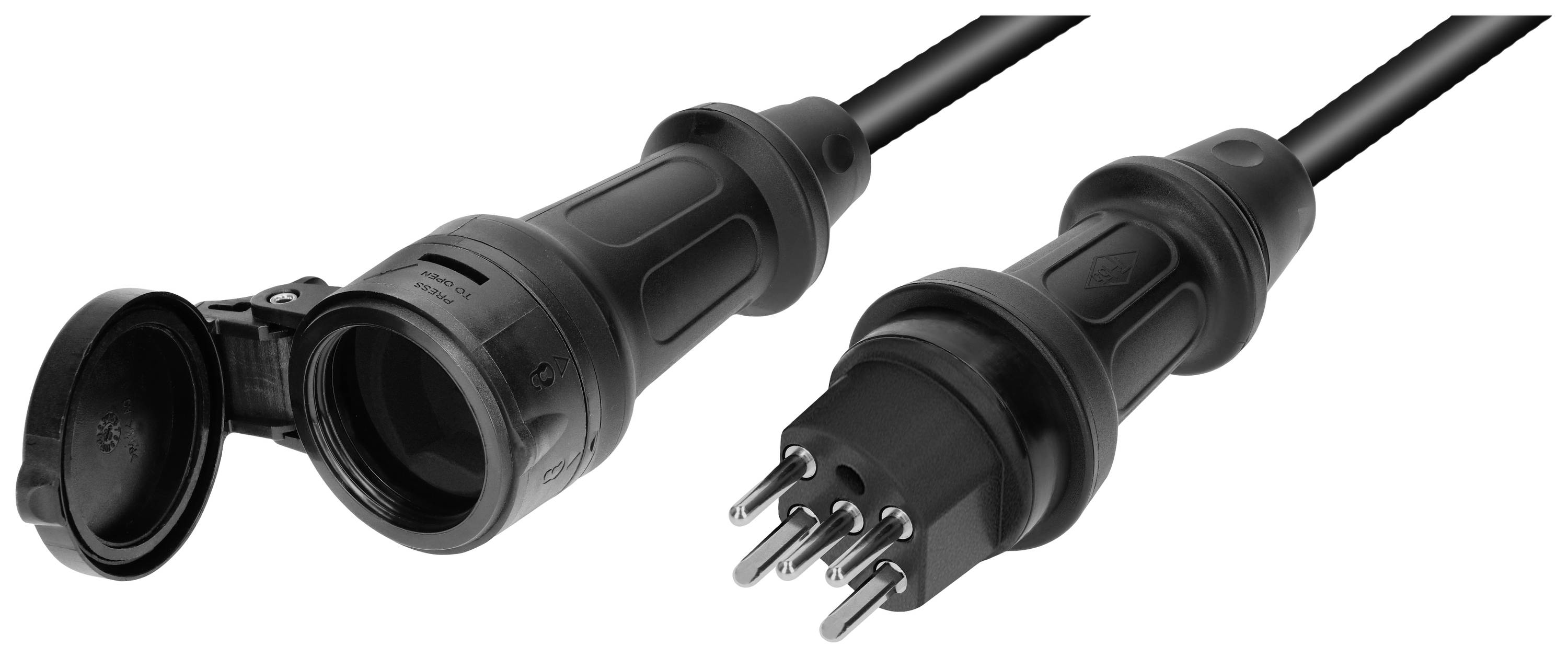 Bild von einem schwarzen elektrischen Stecker und Buchse, mit abnehmbarer Abdeckung, die zur Verbindung von Kabeln verwendet wird.