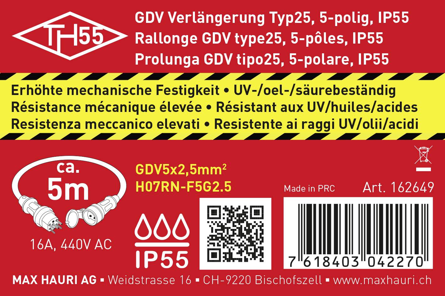 'Rote Produktverpackung für Verlängerungskabel Typ25, 5-polig, IP55. 5 Meter, 16A, 440V AC. Erhöhte Festigkeit, UV- und säurebeständig.'