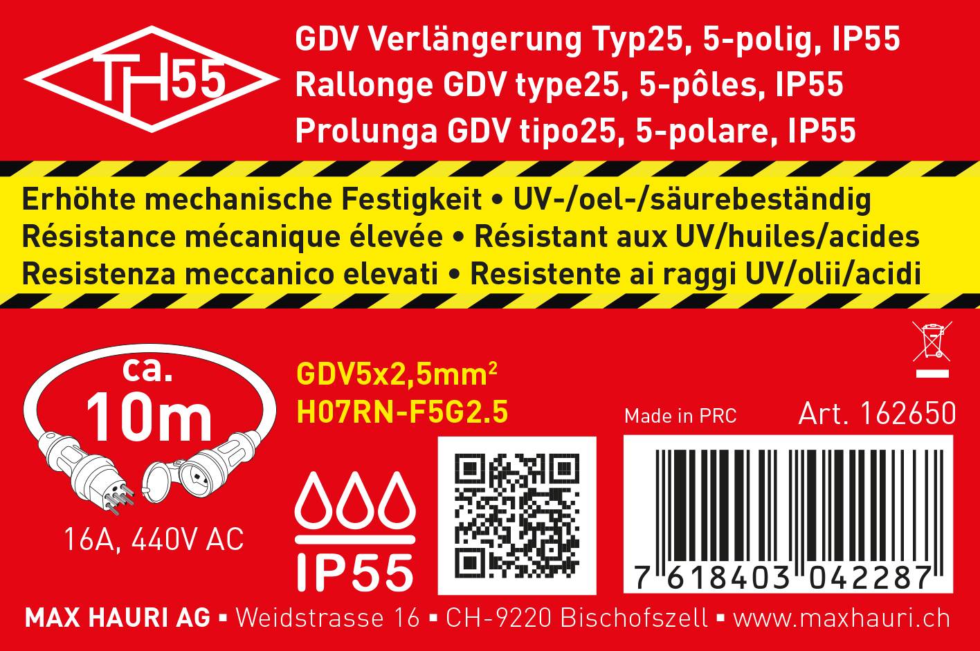 'Etikett einer Verlängerung: GDV Typ 25, 5-polig, IP55, Länge ca. 10m, 16A, 440V AC. Hohe mechanische Festigkeit und widerstandsfähig gegen UV, Öl und Säure.'