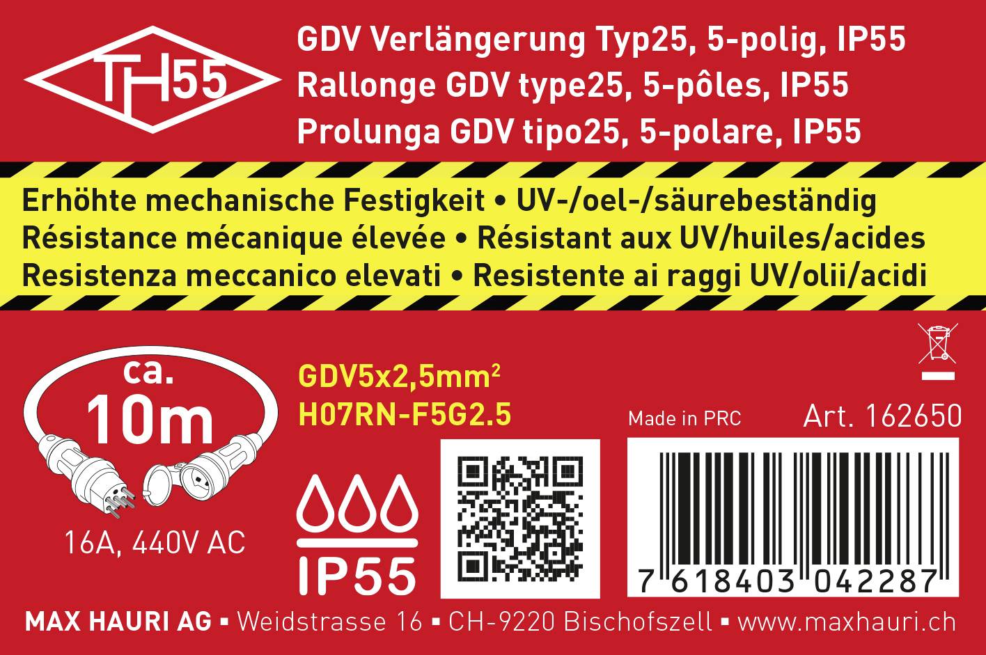Etikett einer elektrischen Verlängerung mit Angaben: 'GDV Typ25, 5-polig, IP55, 16A, 440V AC, ca. 10m Länge'. Hersteller: Max Hauri AG.