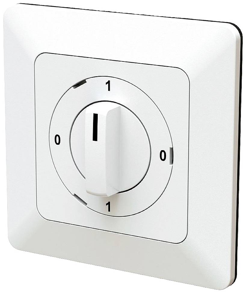 Ein weißer Drehschalter mit drei Positionen: '0', '1', '1'. Der Schalter steht derzeit auf der linken '1'-Position.