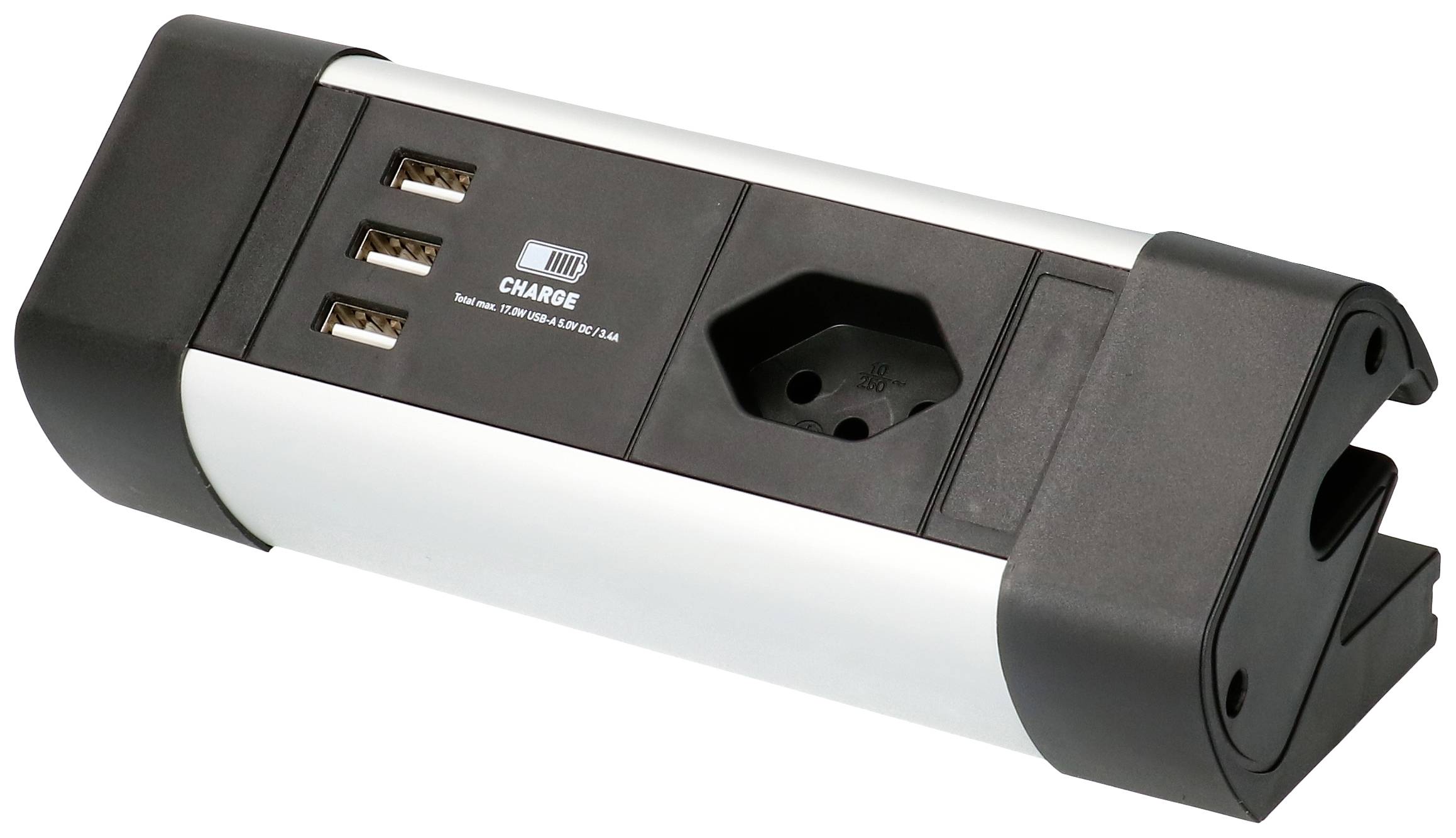 Mehrfachsteckdose mit drei USB-Anschlüssen, einer Steckdose und einem Schalter, montiert auf einer Tischkante.