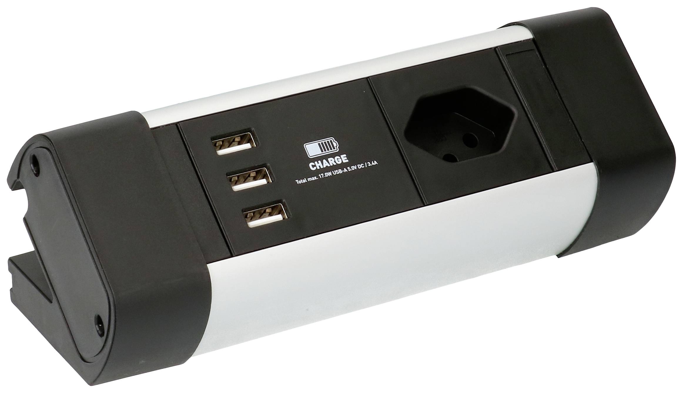 Eine Mehrfachsteckdose mit drei USB-Anschlüssen und einer Standard-Steckdose, geeignet zum gleichzeitigen Laden mehrerer Geräte.