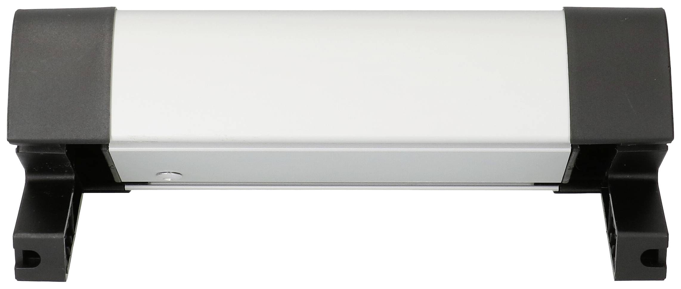 Ein silbernes und schwarzes rechteckiges Objekt mit zwei Stützfüßen, möglicherweise ein technisches Gerät oder Zubehörteil.