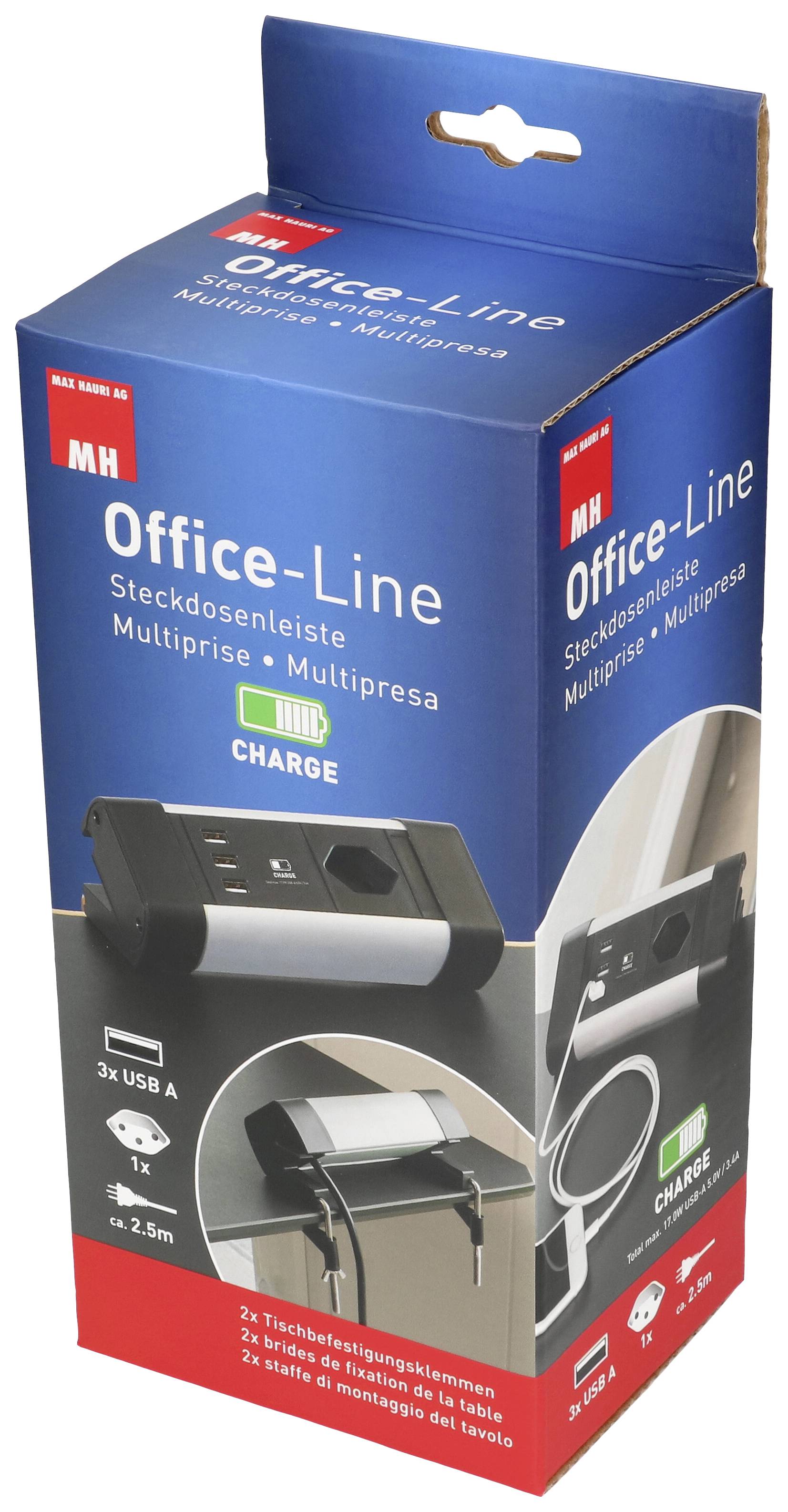 'Steckdosenleiste Office-Line' Verpackung mit USB-A-Ladeports, Tischbefestigungssystem und 2,5 m Kabel. Ideal für Büro oder Zuhause.