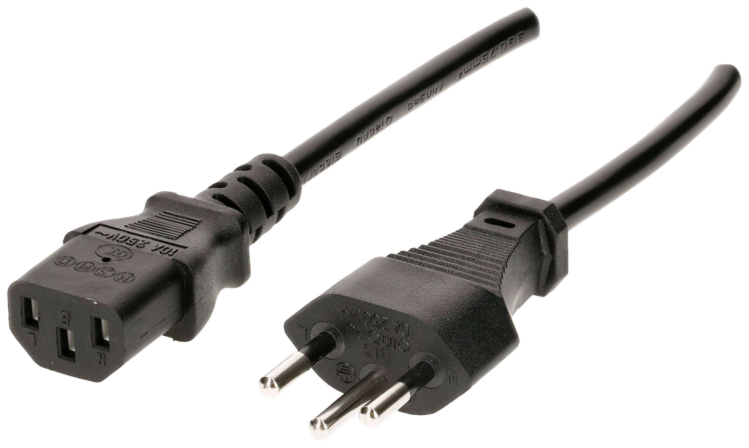 Netzkabel mit einem Eurostecker und einer C13-Buchse, häufig für Computer und Elektronikgeräte verwendet.