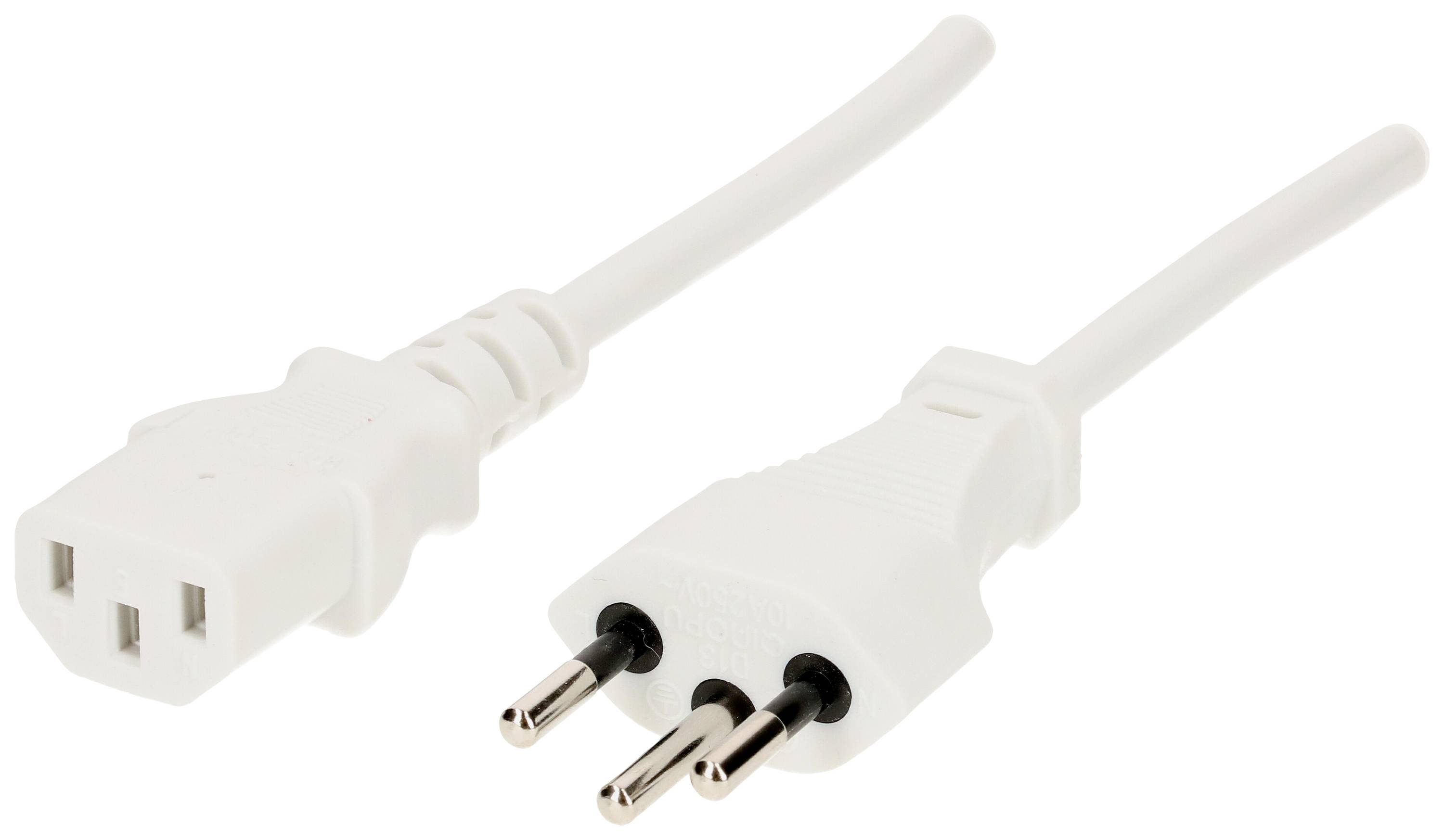 Ein weißes Stromkabel mit zwei Steckverbindern: ein dreipoliger weiblicher Stecker links und ein zweipoliger männlicher Euro-Stecker rechts.