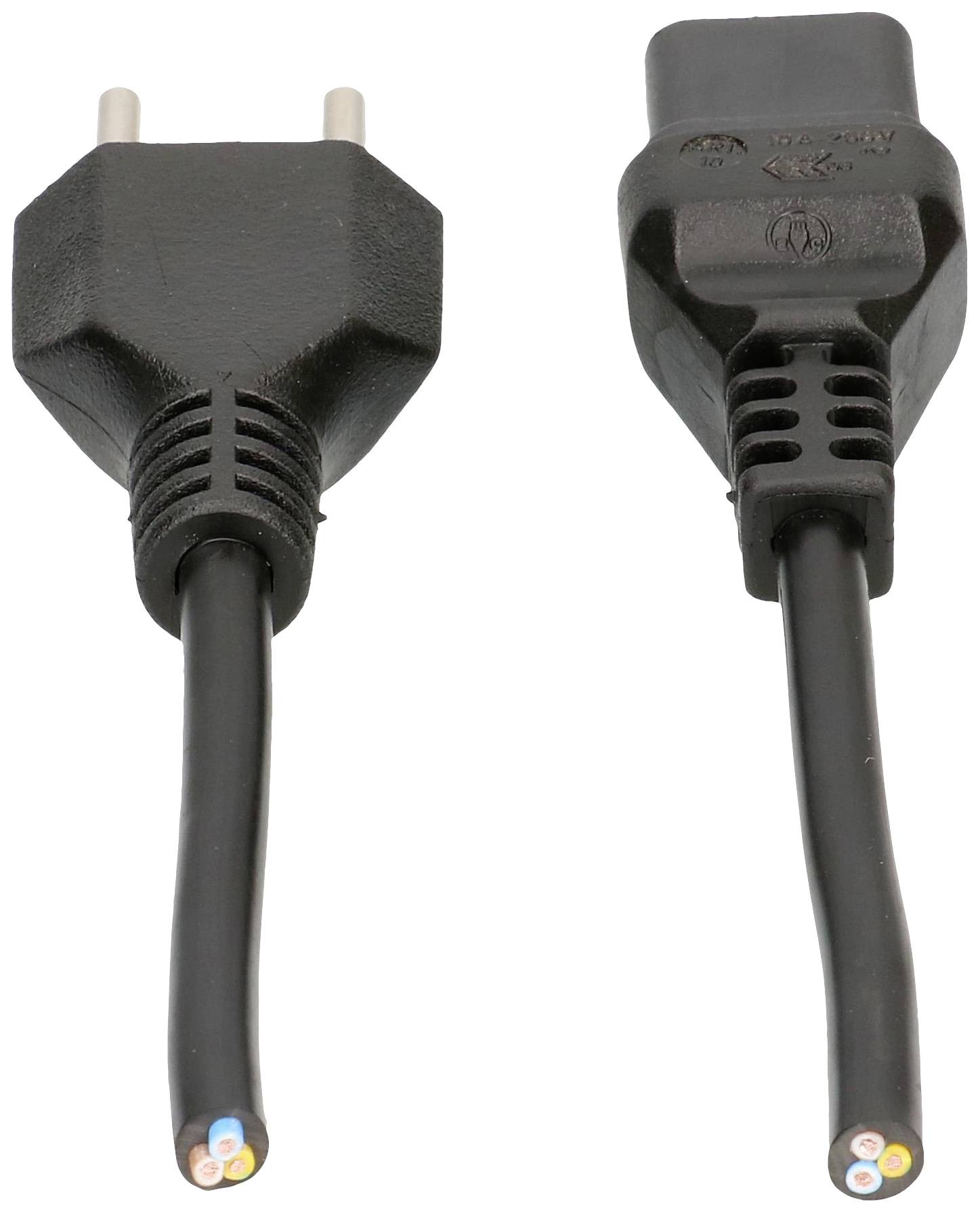 Zwei schwarze Stromstecker: links ein Schuko-Stecker, rechts ein IEC-Kaltgeräte-Stecker. Beide haben offene Kabelenden.