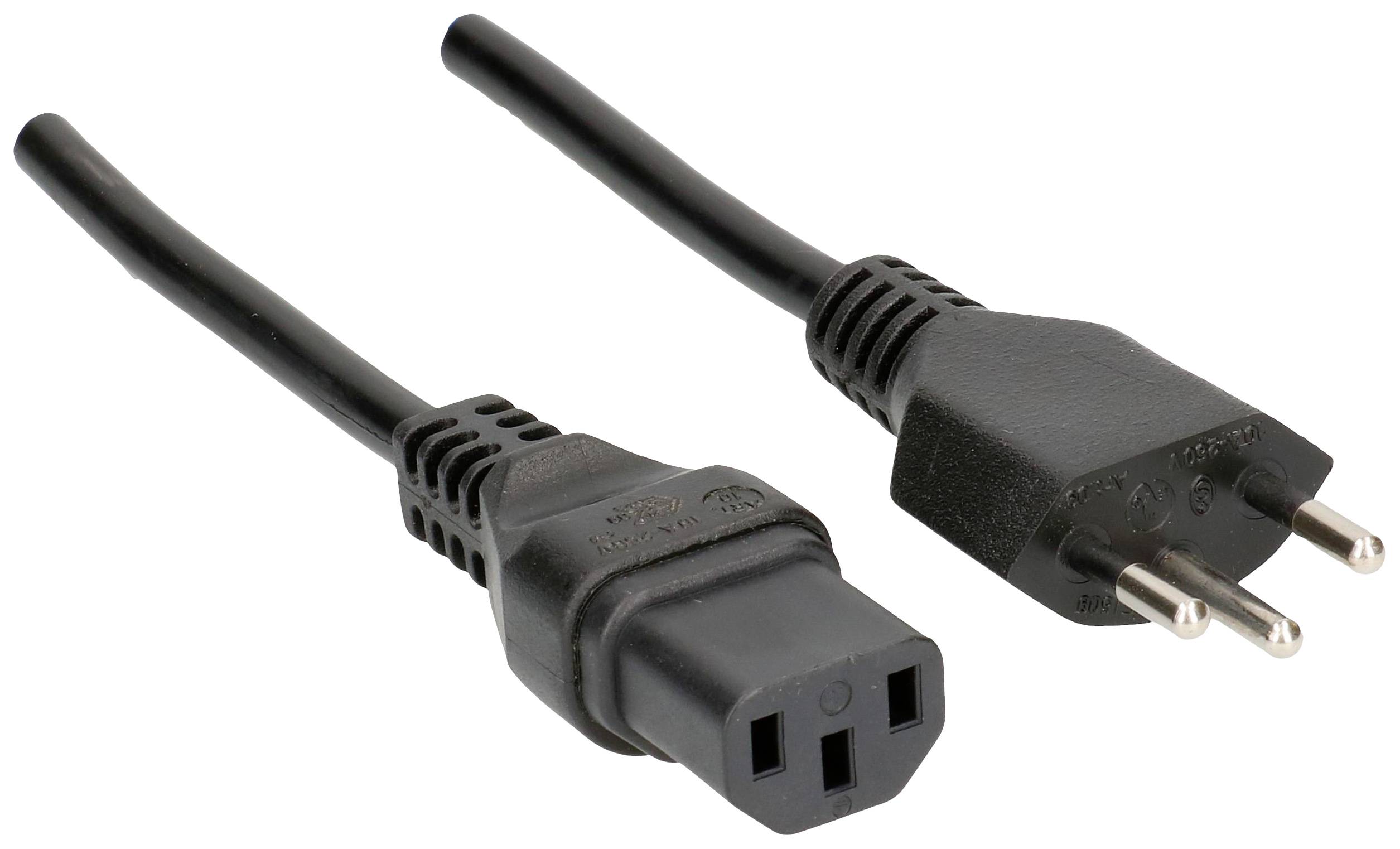Ein schwarzes Netzkabel mit einem Kaltgerätestecker auf der linken Seite und einem Schuko-Stecker auf der rechten Seite.