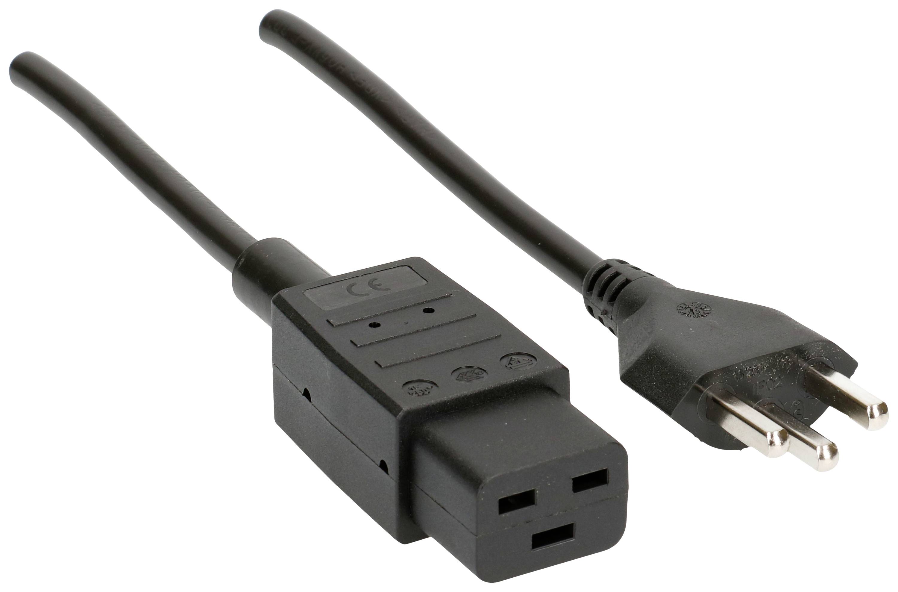Ein schwarzes Netzkabel mit einem IEC C13-Stecker auf der linken Seite und einem Eurostecker auf der rechten Seite.
