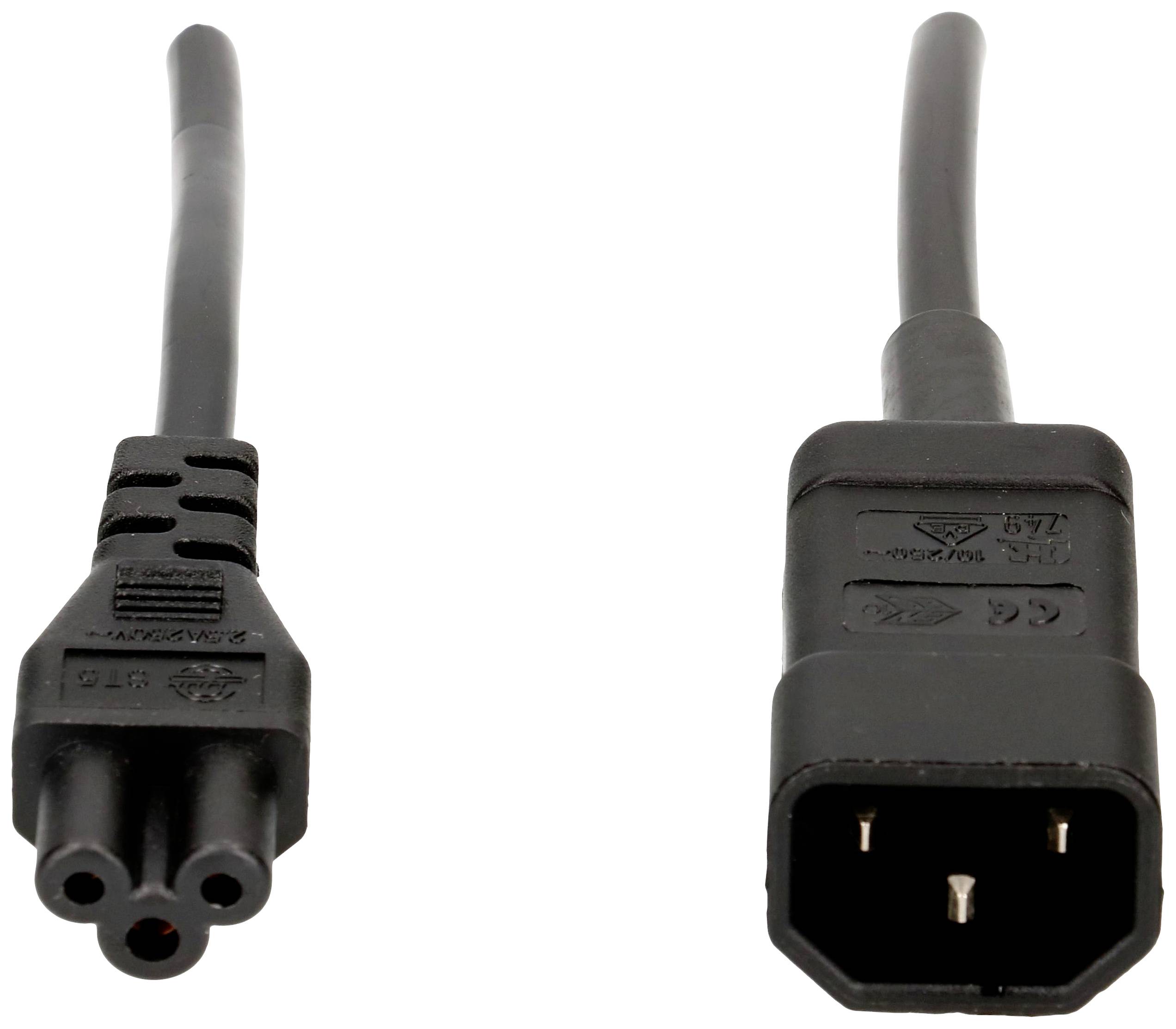 Ein IEC-Stromkabel mit zwei verschiedenen Steckertypen: Links ein dreipoliger Buchsenstecker und rechts ein dreipoliger C13-Stecker.