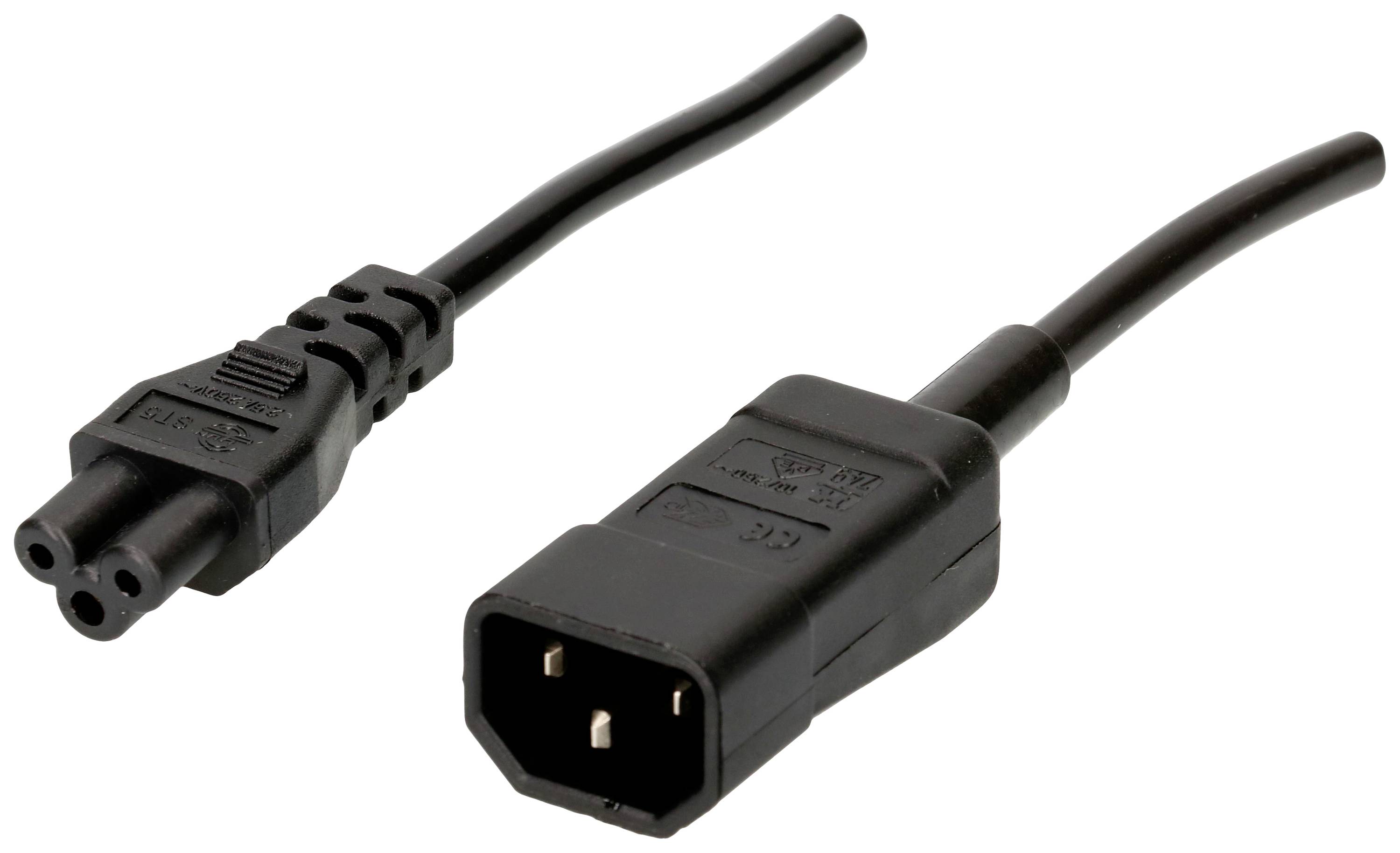 'IEC C14 Stecker' und 'IEC C5 Buchse' Stromkabel, meist für Verbindungen von Geräten wie Laptops und Netzteilen verwendet.
