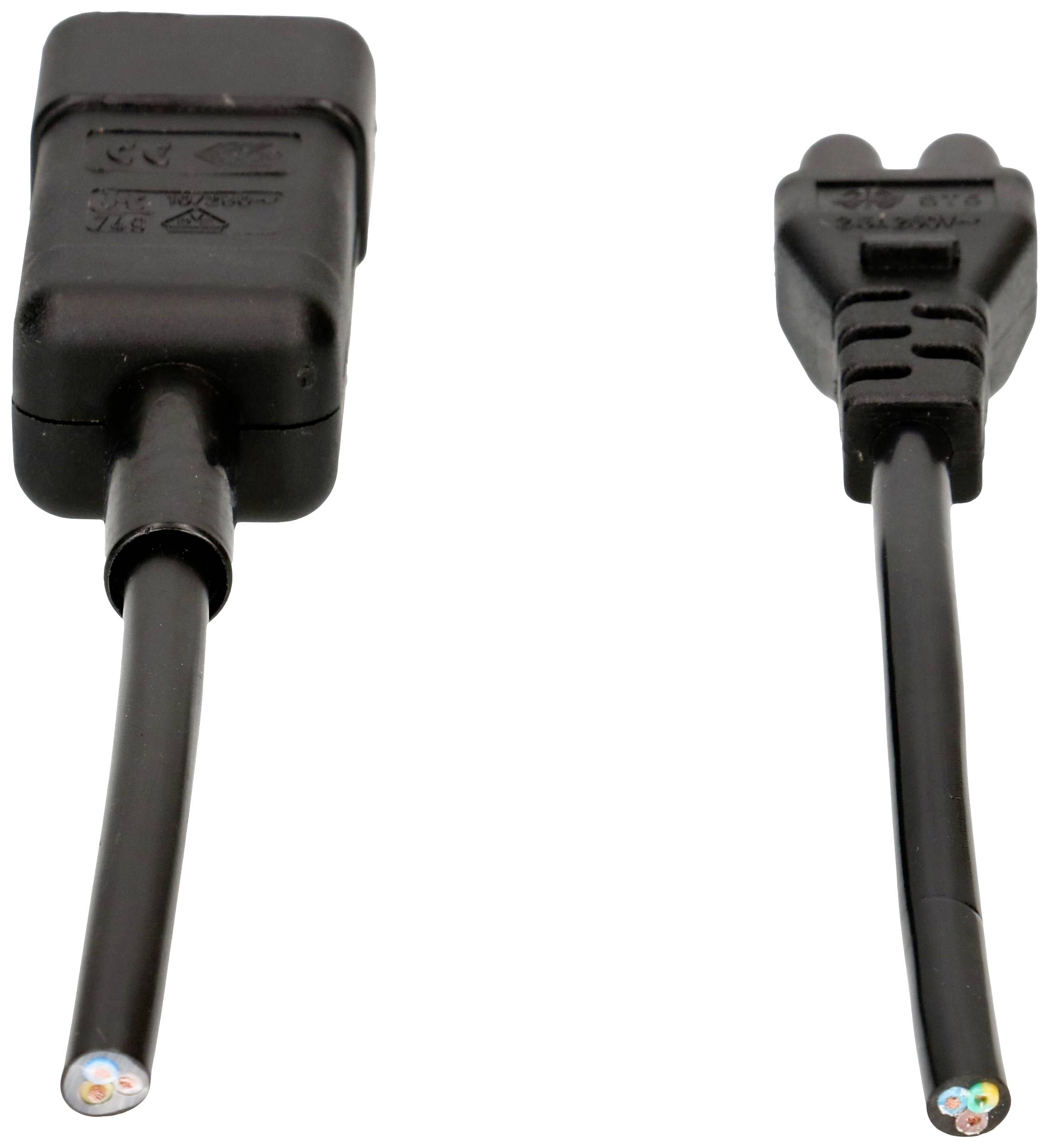'CEE 7/16 Eurostecker' und 'IEC 60320 C7 Stecker', beide schwarz, nebeneinander liegend, mit freien Kabelenden sichtbar.