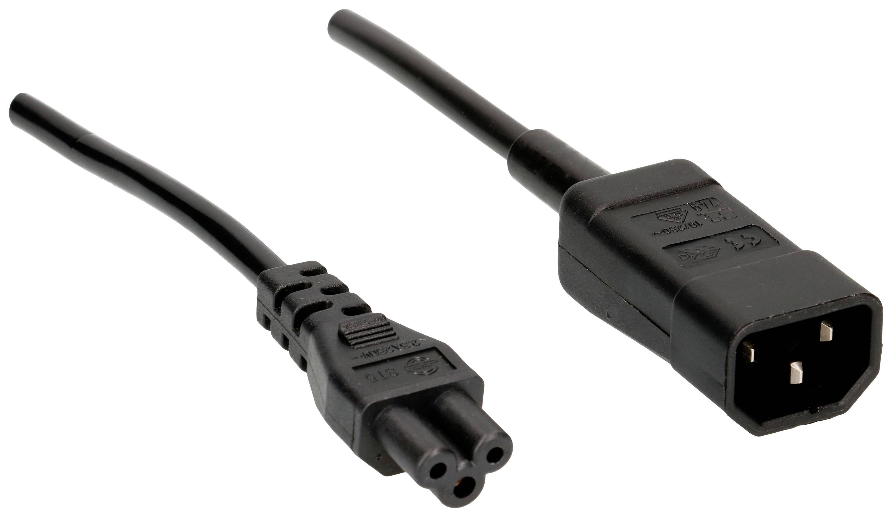 'Abbildung von Netzkabeln: Links ein C5-Stecker und rechts ein C14-Stecker. Beide Stecker sind schwarz und für elektrische Geräte verwendet.'