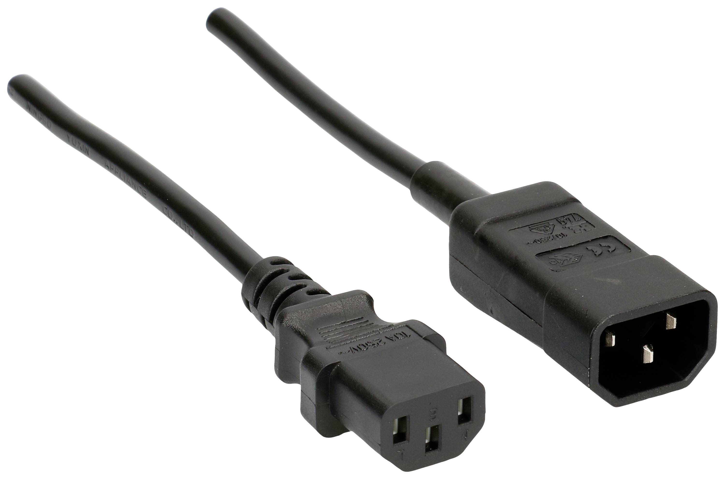 Ein schwarzes Netzkabel mit zwei Steckverbinder-Enden; links C13, rechts C14. Wird häufig für den Anschluss von Computergeräten verwendet.