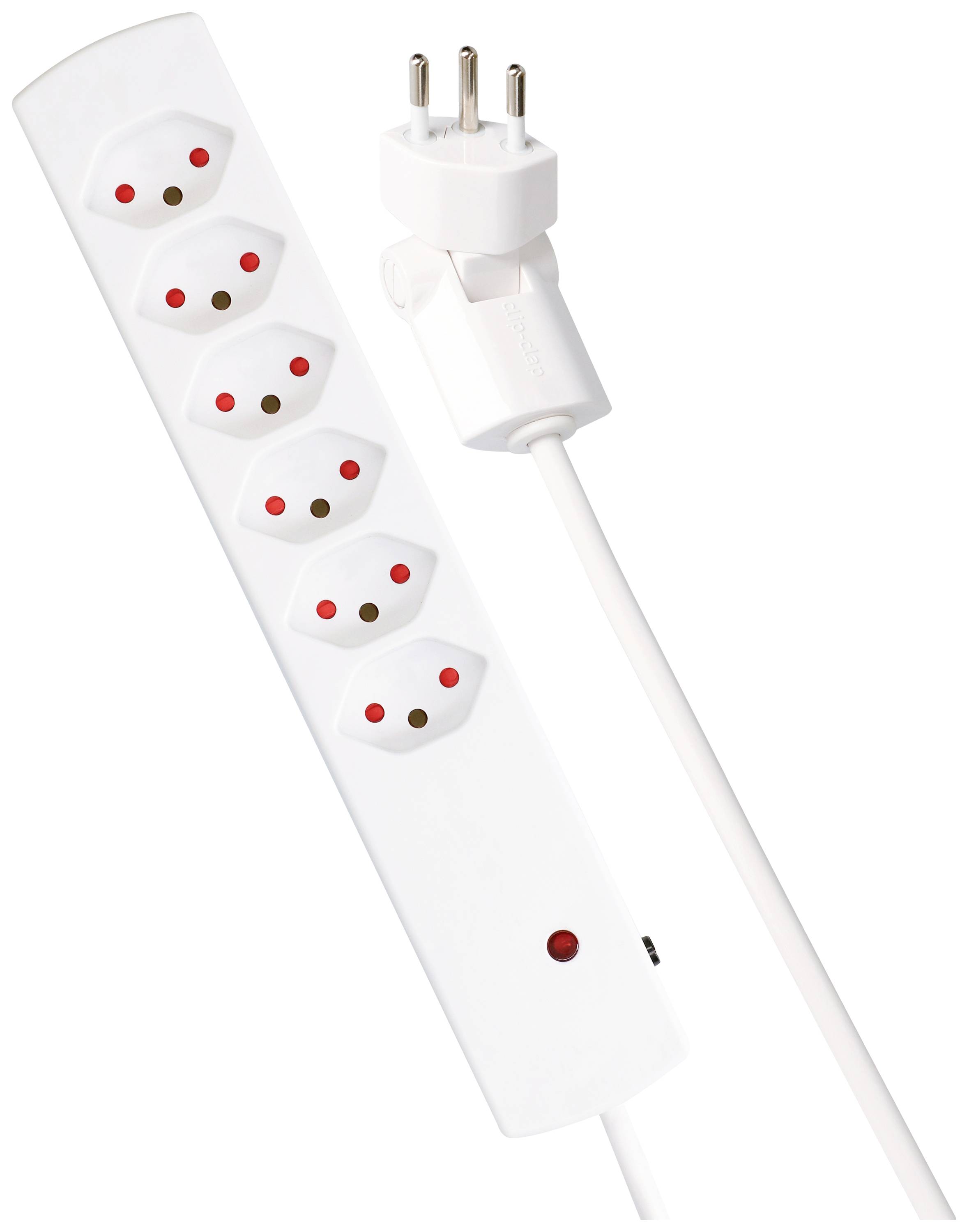 Weiße Steckdosenleiste mit fünf Anschlüssen und Stecker, geeignet für die Stromversorgung mehrerer Geräte gleichzeitig.