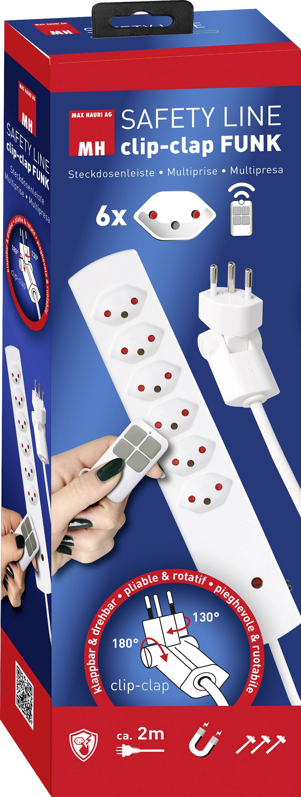 'Verpackung einer Steckdosenleiste mit 6 Anschlüssen, Funkschalter und drehbaren Steckplätzen. Produktaufdruck: "SAFETY LINE Clip-clap FUNK".'