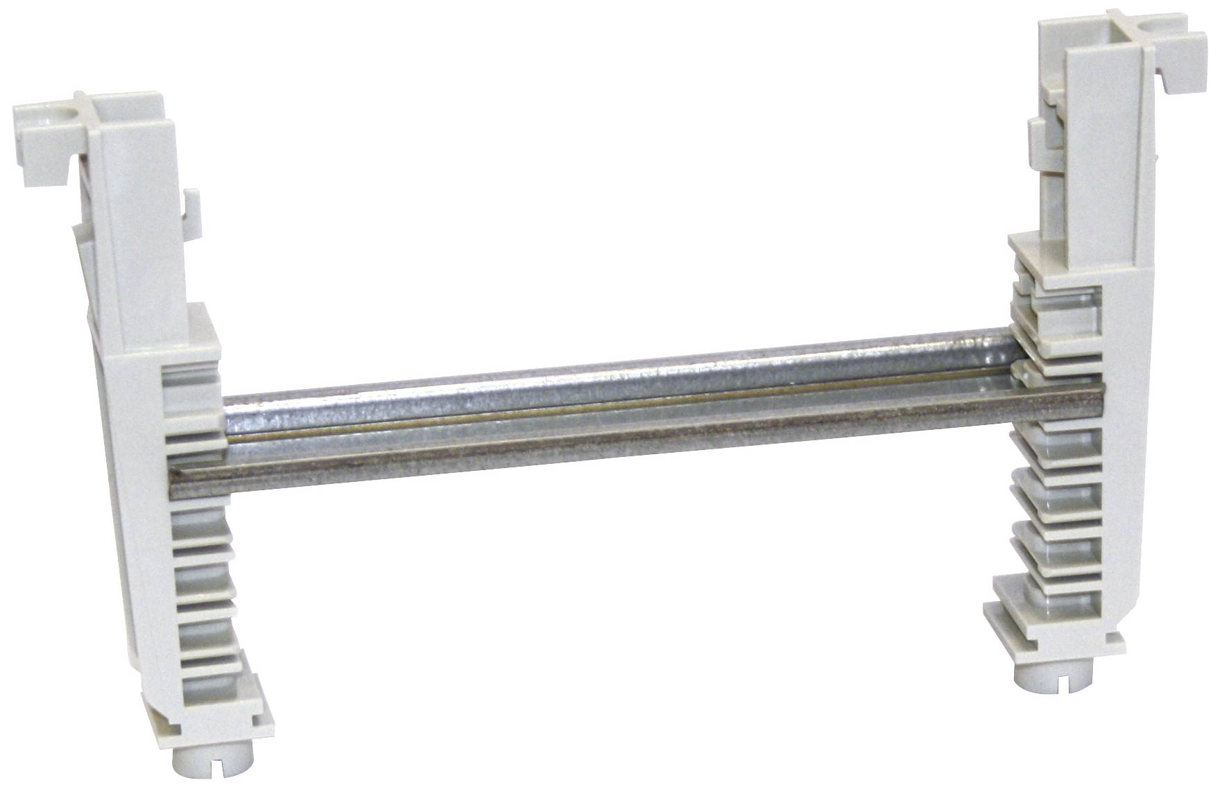 Ein grauer Kunststoffträger mit Metallstange, geeignet für die Befestigung elektrischer Komponenten auf Hutschienen in Schalttafeln.