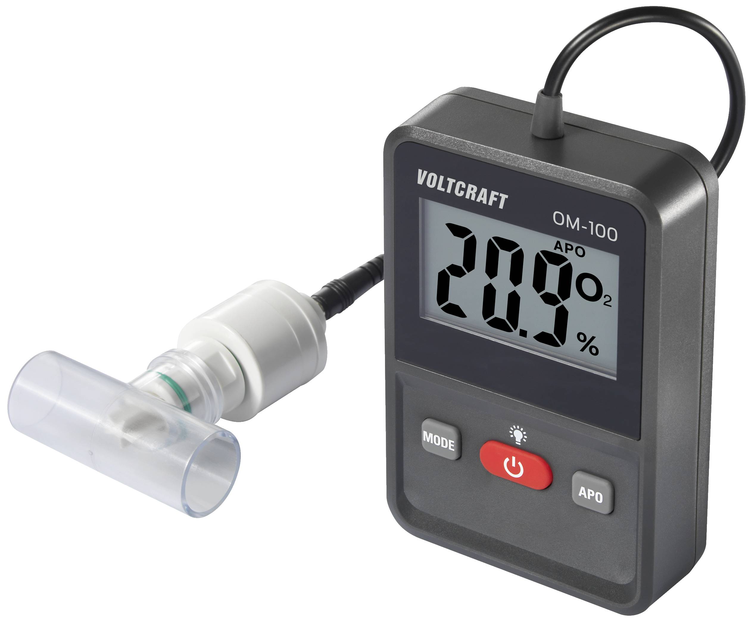 Digitaler Sauerstoffmessgerät mit Display zeigt Wert '20,9 % O₂'. Gerät mit Sensor, verbunden durch Kabel. Markenname oben.