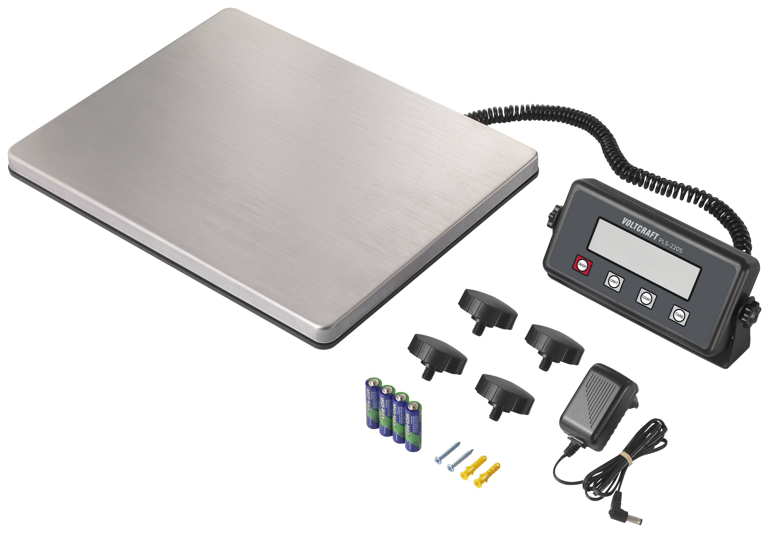 Elektronische Waage mit Edelstahlplattform und digitalem Bildschirm. Enthält Zubehör wie Batterien, Adapter und Schrauben.