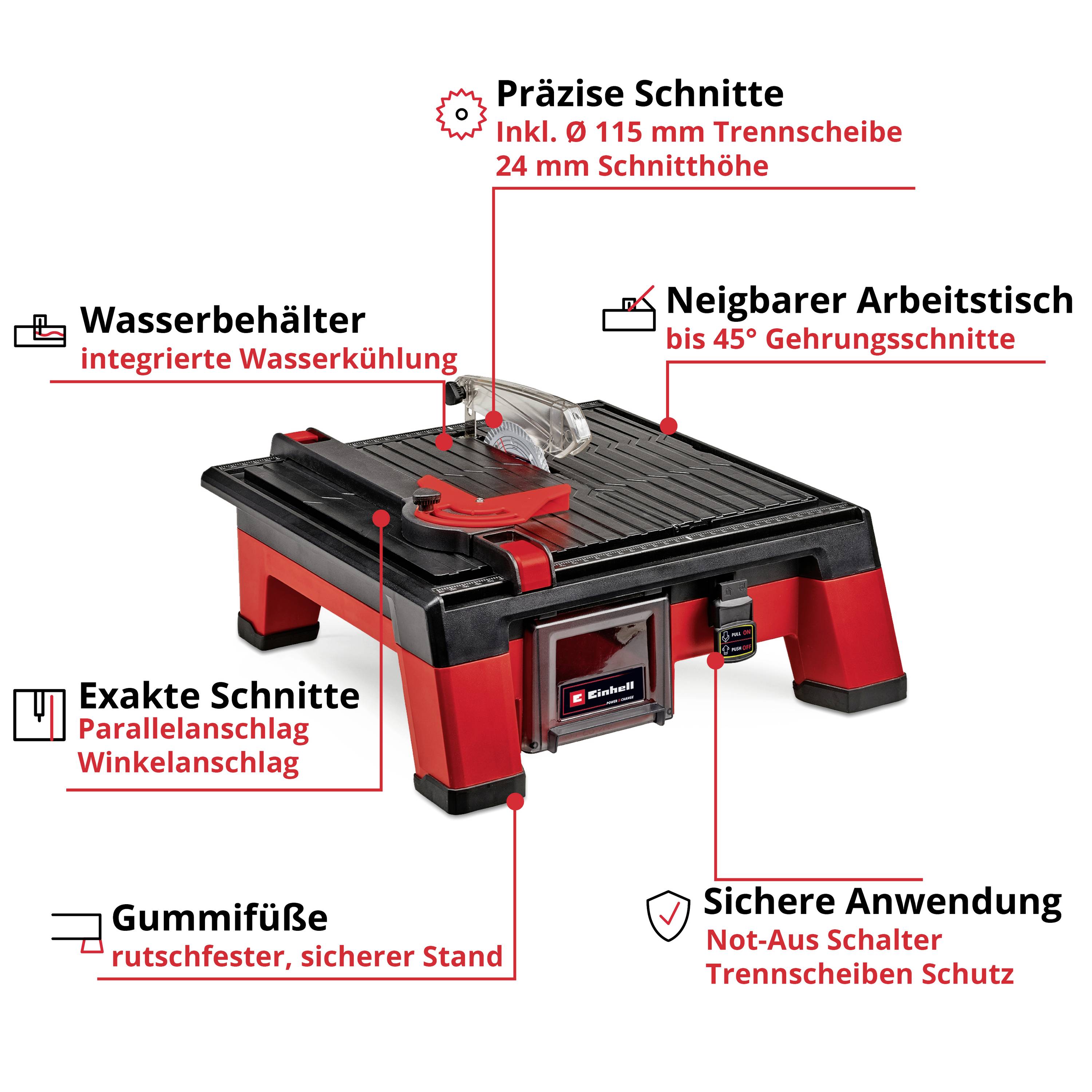 Ein roter Fliesenschneider mit Wasserkühlung, präzisem Schlitten und Sicherheitsausschalter. Enthält Beschriftungen.