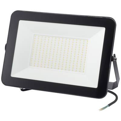 Ein rechteckiger LED-Strahler mit schwarzem Rahmen und vielen kleinen leuchtenden Dioden auf weißem Hintergrund. Geeignet zur Außenbeleuchtung.