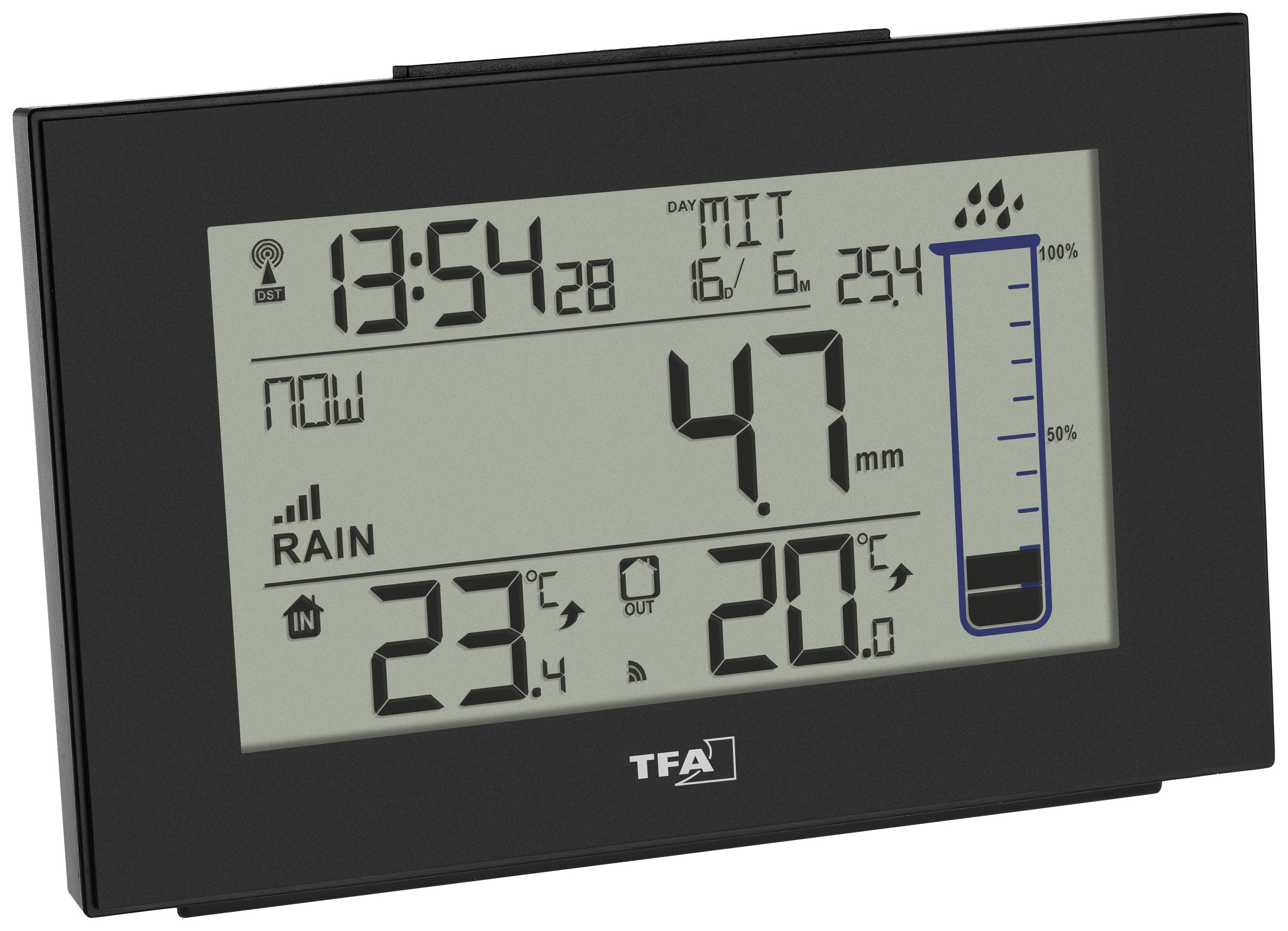 Digitales Wetterdisplay zeigt aktuelle Uhrzeit, Datum, Regenmenge in Millimetern, sowie Innentemperatur und Prognose mit Regensymbol.