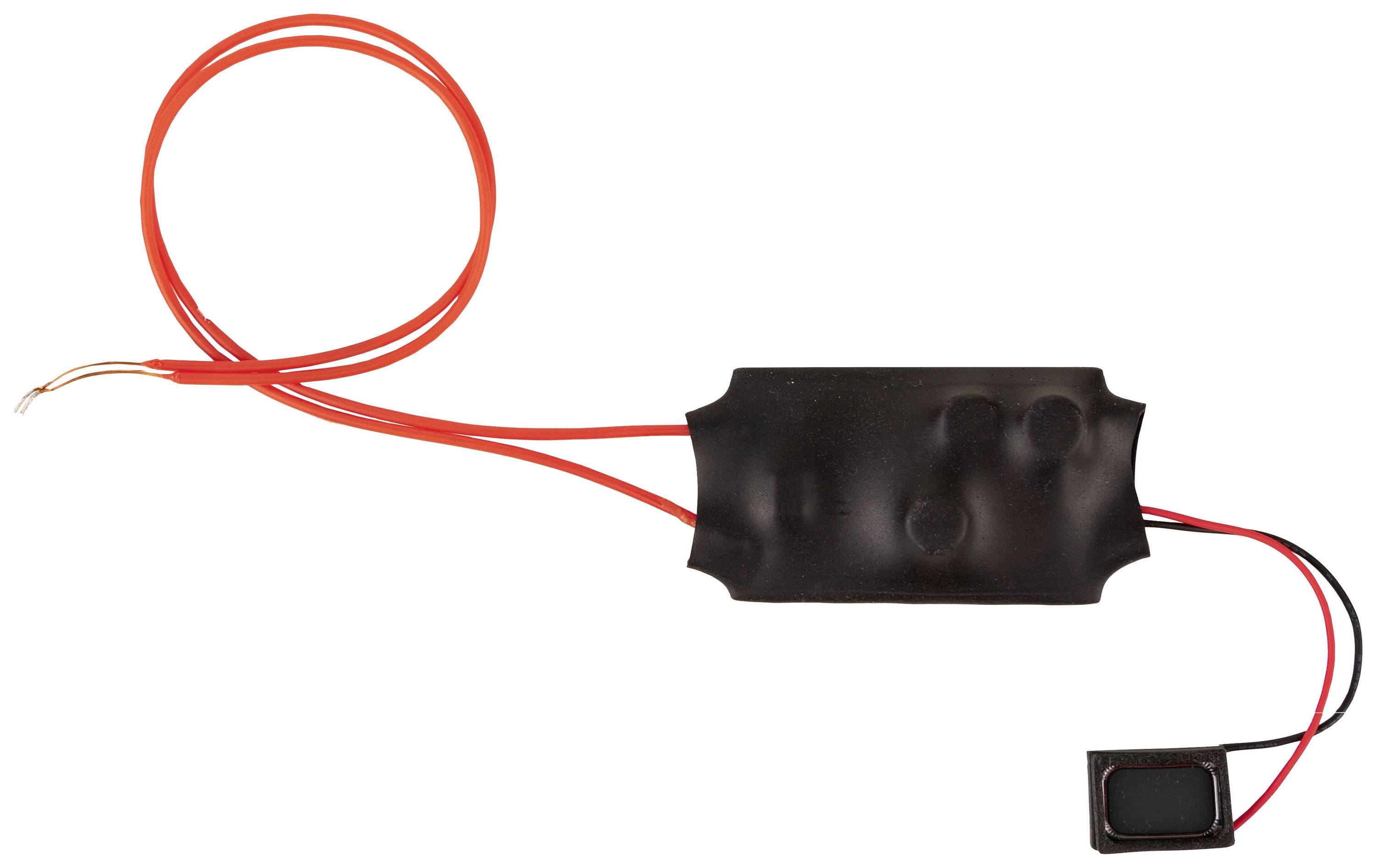 Ein schwarzes elektronisches Bauteil mit rotem und schwarzem Kabel, vermutlich ein kleiner Sensor oder Schalter.