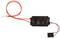Ein schwarzes elektronisches Bauteil mit rotem und schwarzem Kabel, vermutlich ein kleiner Sensor oder Schalter.